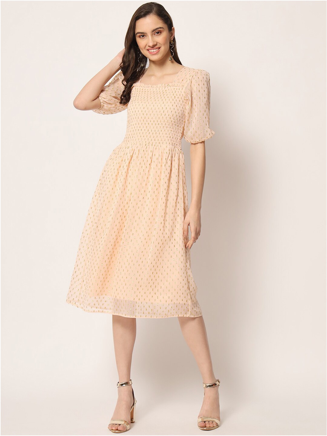 

HERE&NOW Beige Self Design Puff Sleeve Smocked Fit & Flare Midi Dress