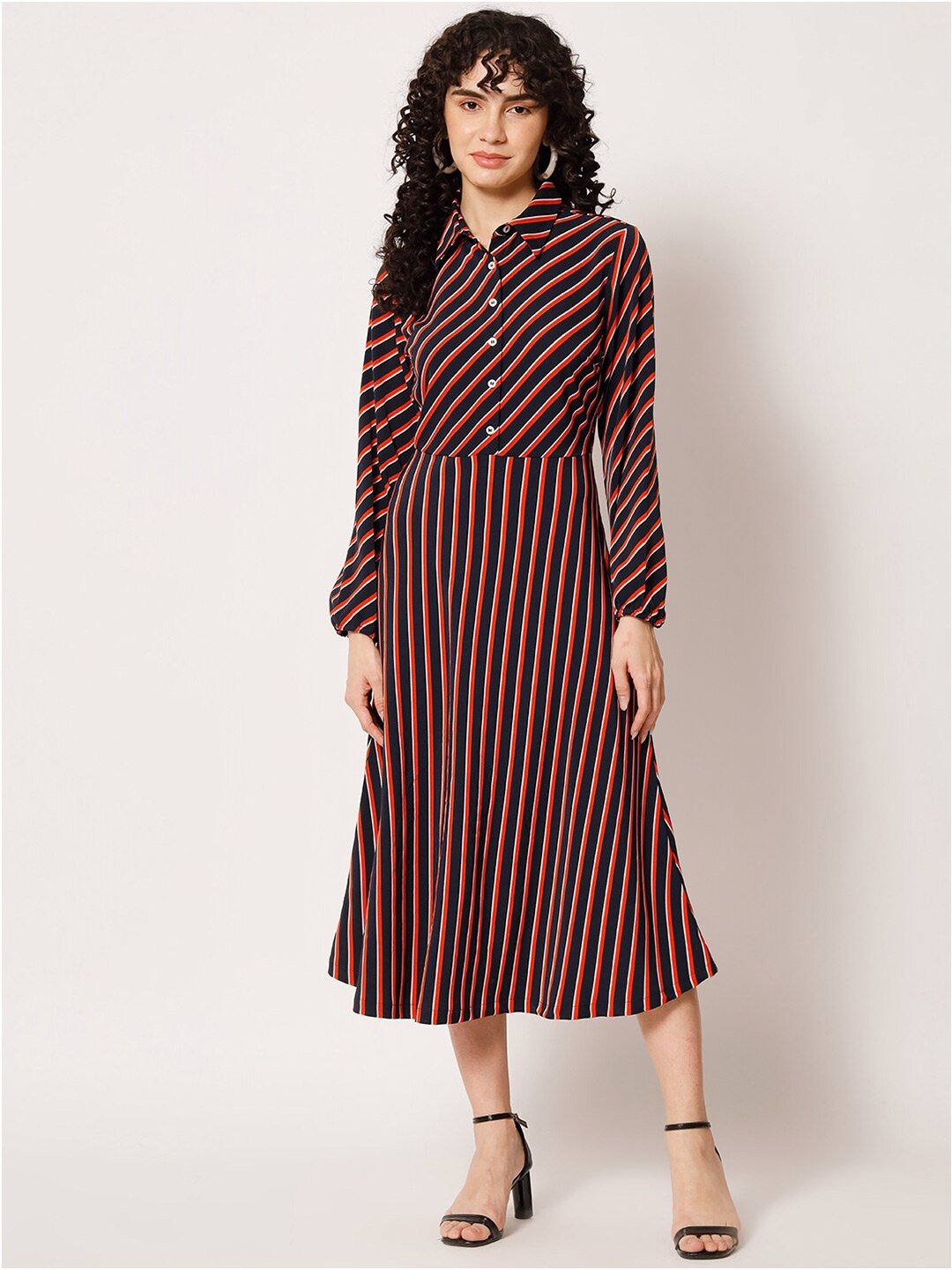 

HERE&NOW Navy blue & Red Bishop Sleeve Striped Shirt Midi Dress