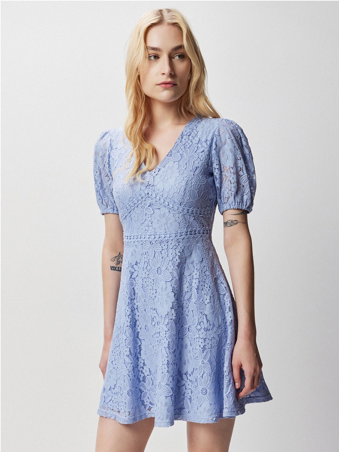 

COVER STORY Blue Self Design Lace A-Line Mini Dress