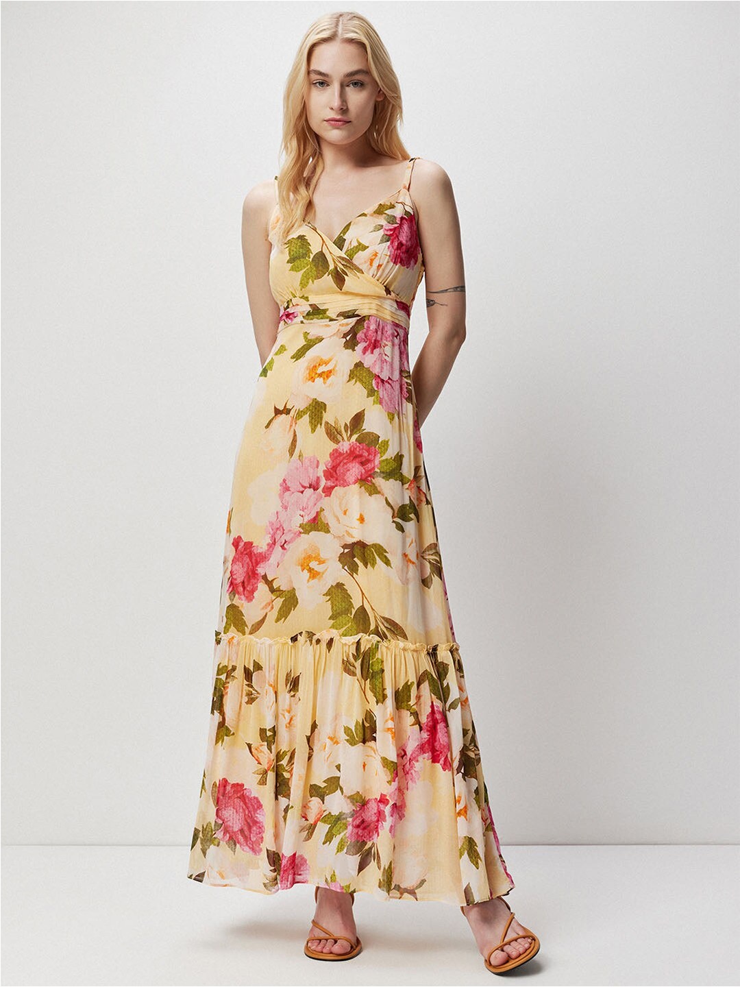 

COVER STORY Yellow Floral Printed Fit & Flare Maxi Dress