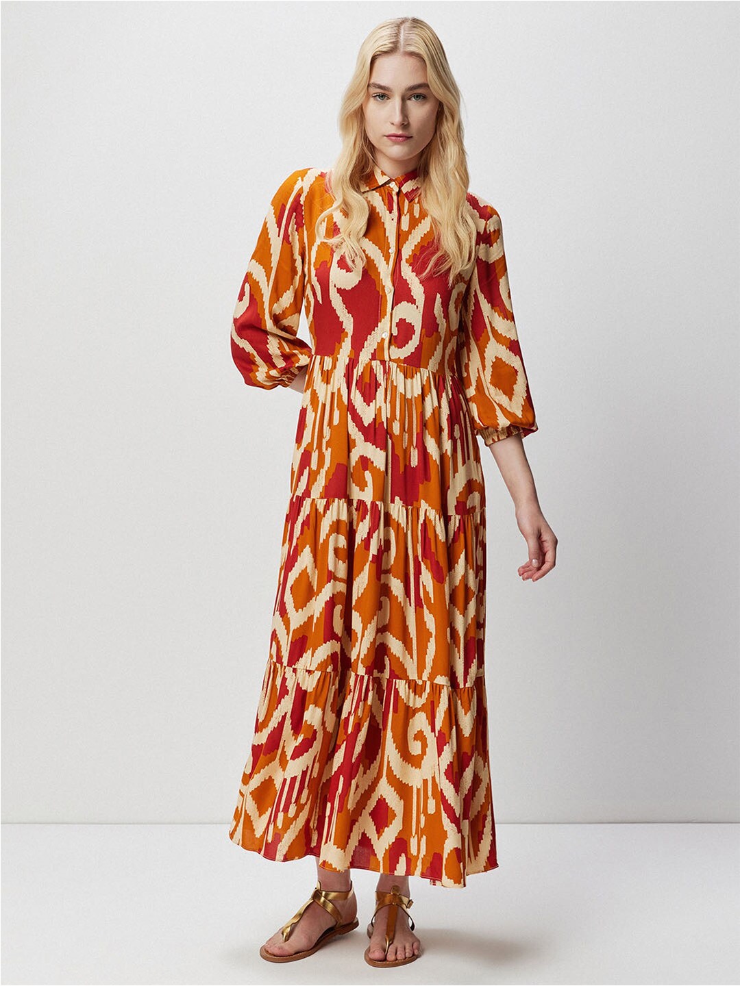 

COVER STORY Orange Abstract Printed Tiered A-Line Maxi Dress