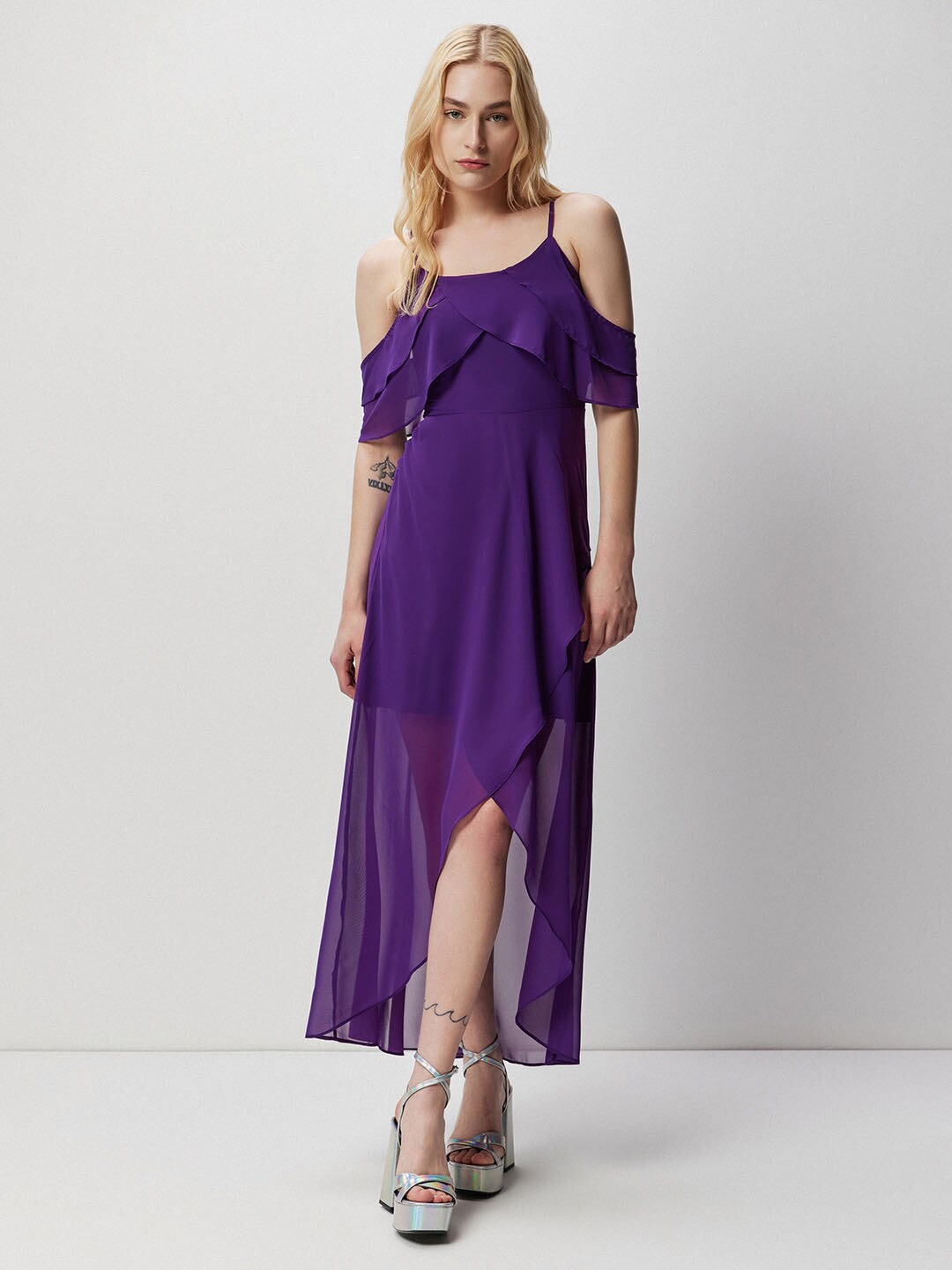 

COVER STORY Purple Cold-Shoulder Ruffled A-Line Midi Dress