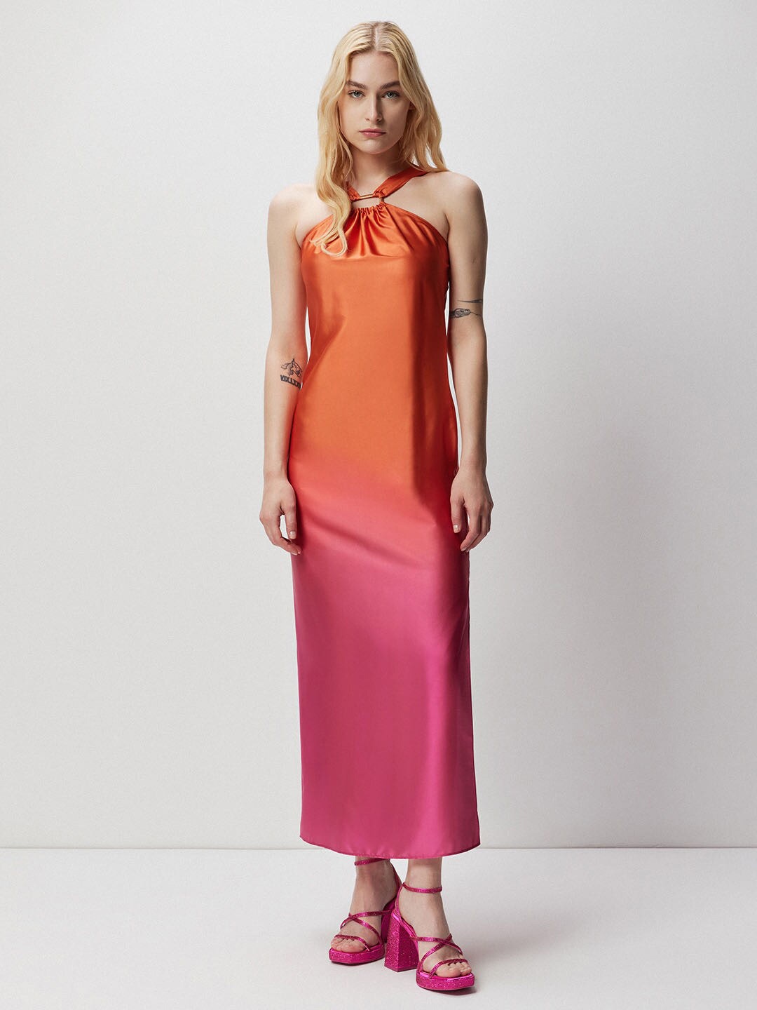 

COVER STORY Orange Shoulder Strap Ombre Satin Maxi Dress