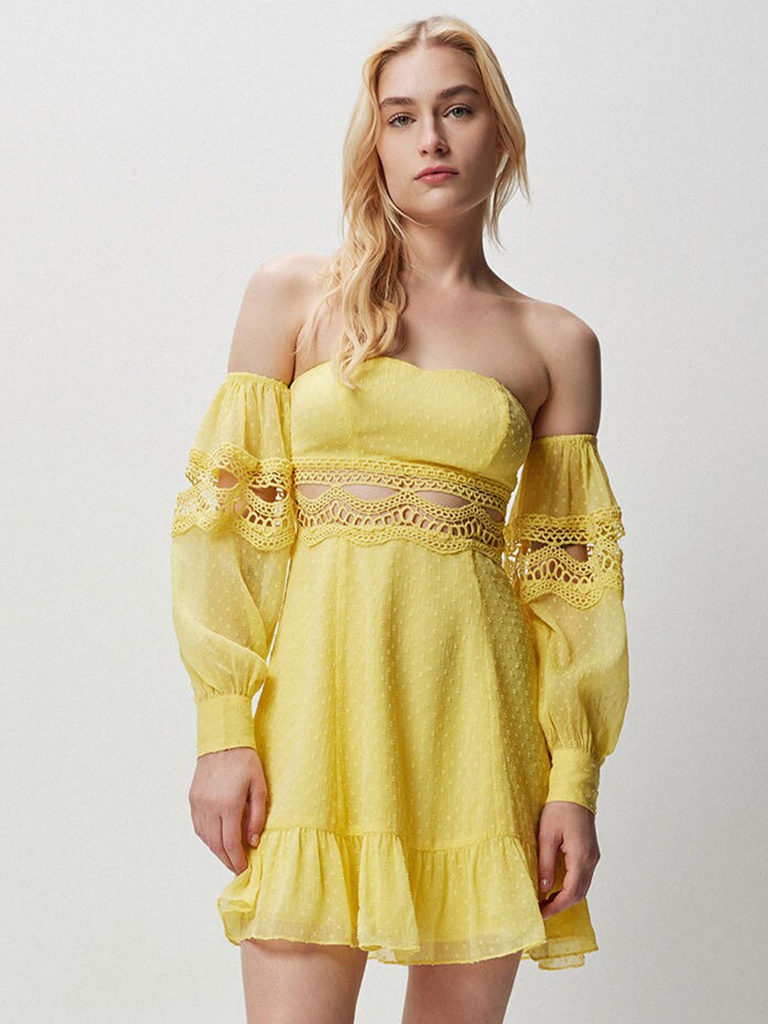 

COVER STORY Yellow Self Design Off-Shoulder Cut-Out A-Line Mini Dress