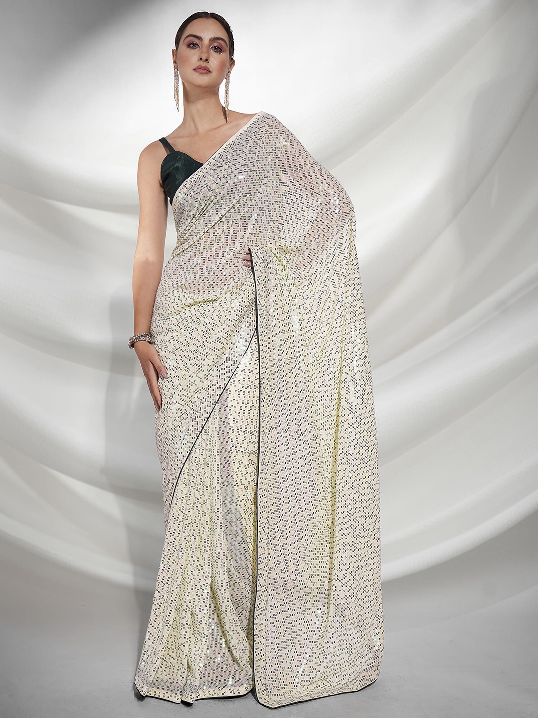 

Kalista Embellished Sequinned Pure Georgette Saree, Cream