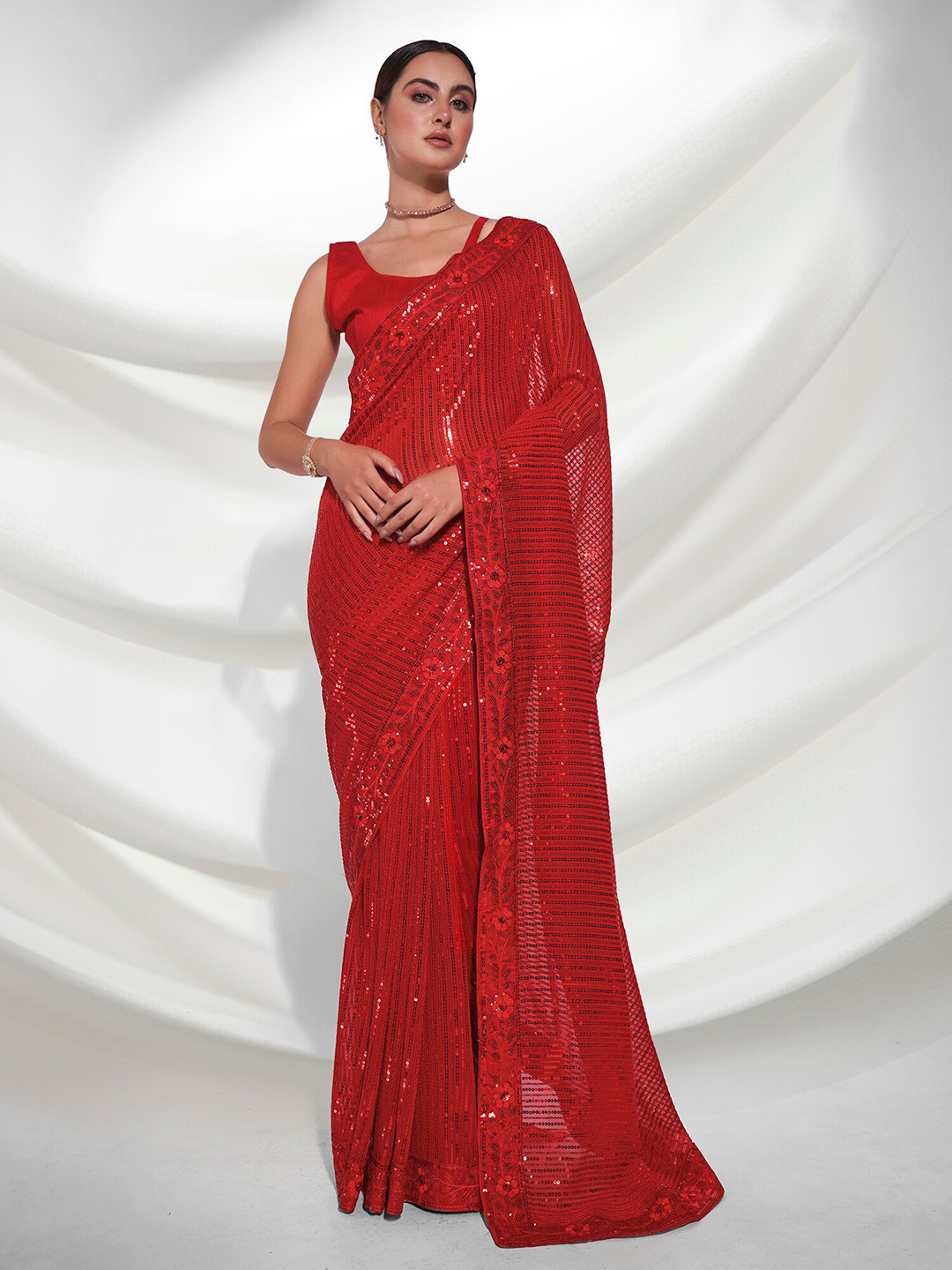 

Kalista Floral Embellished Sequinned Pure Georgette Saree, Red