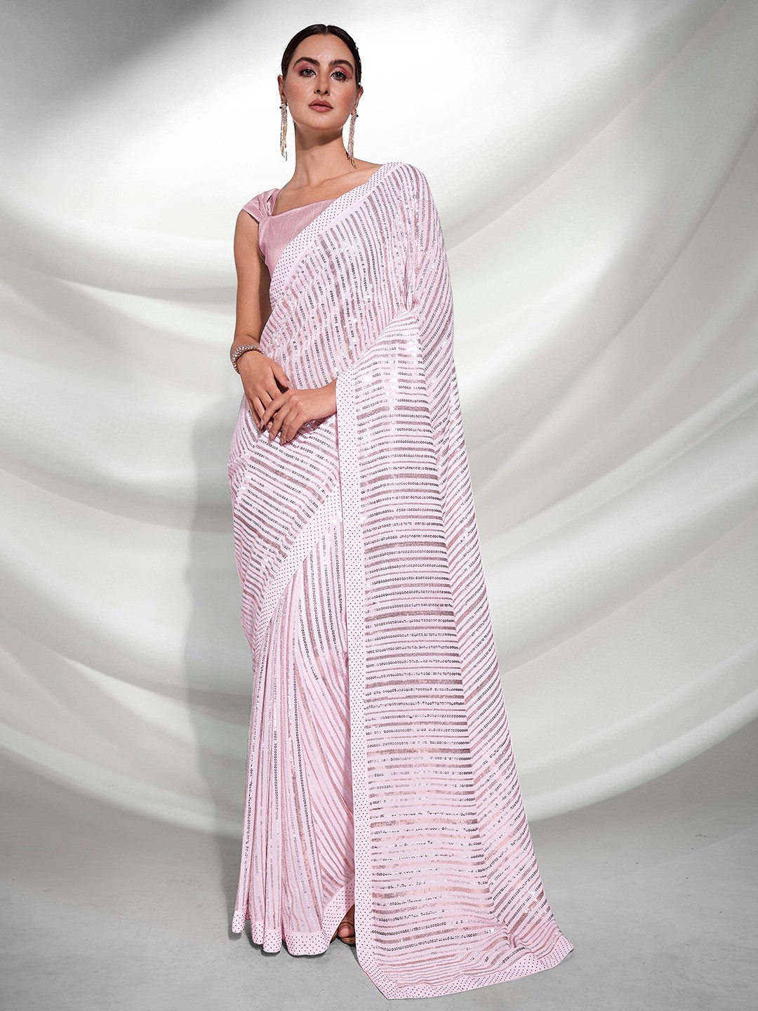 

Kalista Striped Embellished Sequinned Pure Georgette Saree, Pink