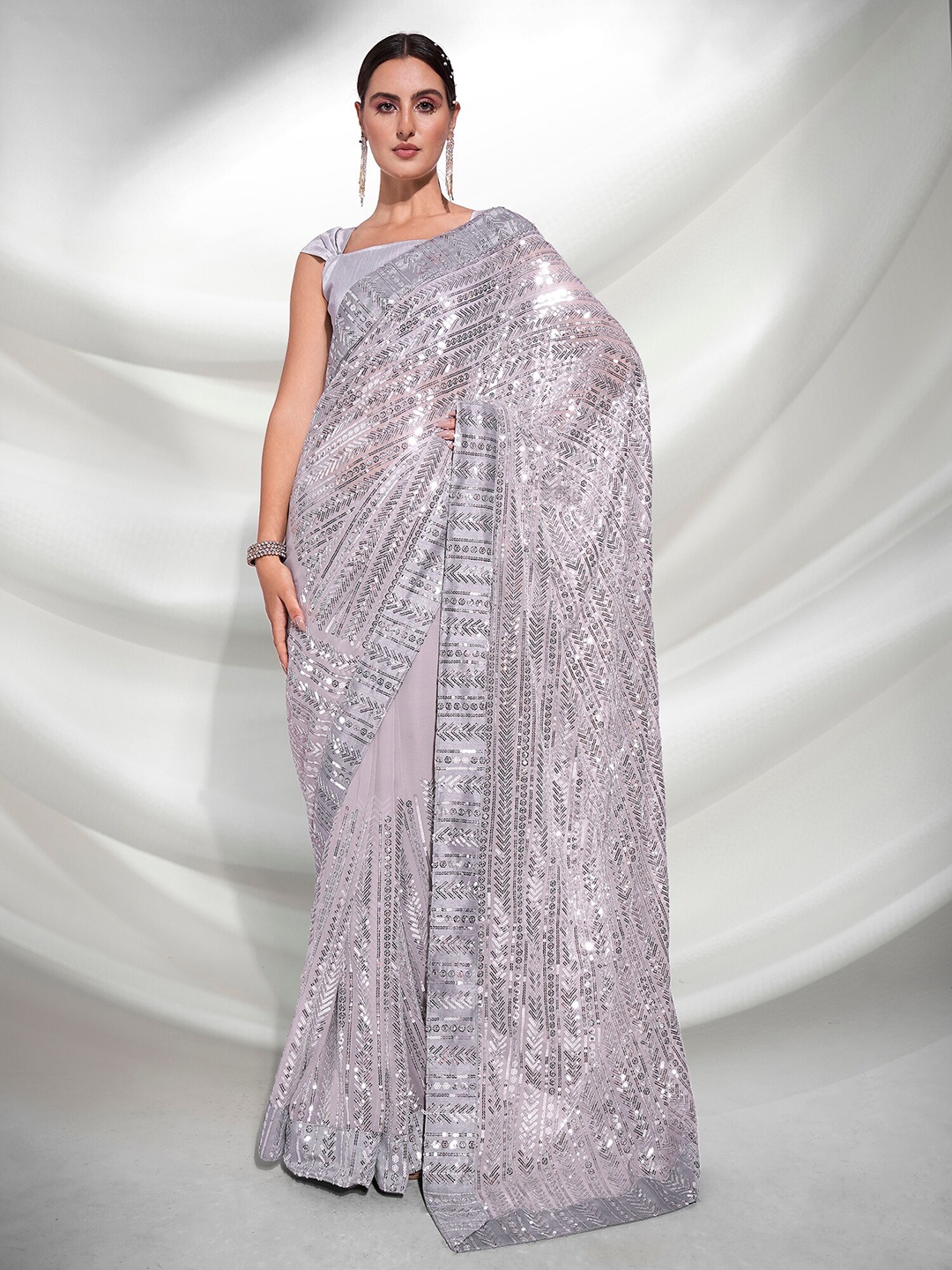 

Kalista Geometric Embellished Sequinned Pure Georgette Saree, Grey