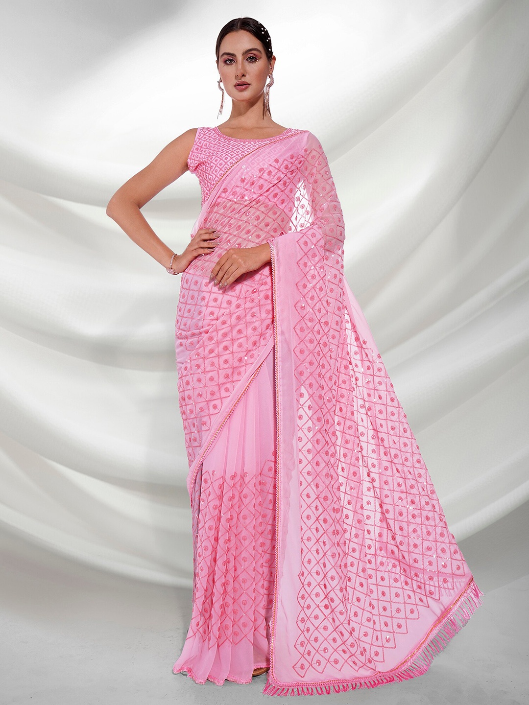 

Kalista Floral Embellished Sequinned Pure Georgette Saree, Pink