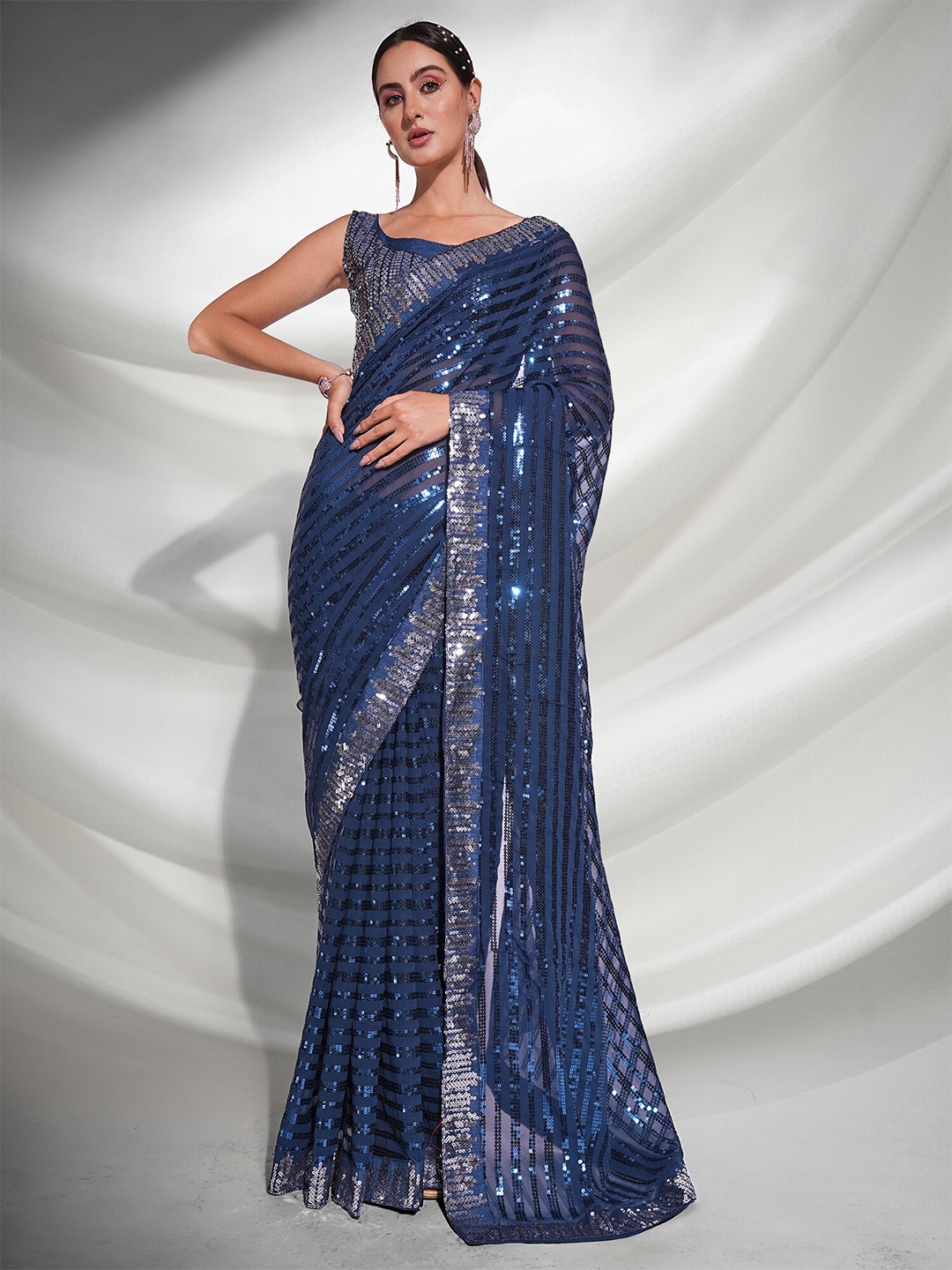 

Kalista Striped Embellished Sequinned Pure Georgette Saree, Teal