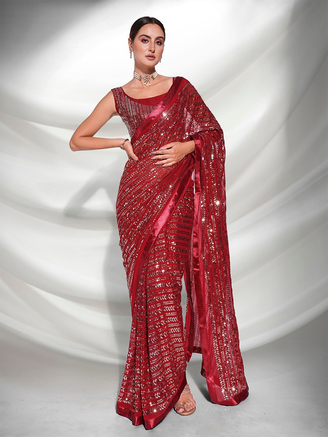 

Kalista Embellished Sequinned Pure Georgette Saree, Maroon