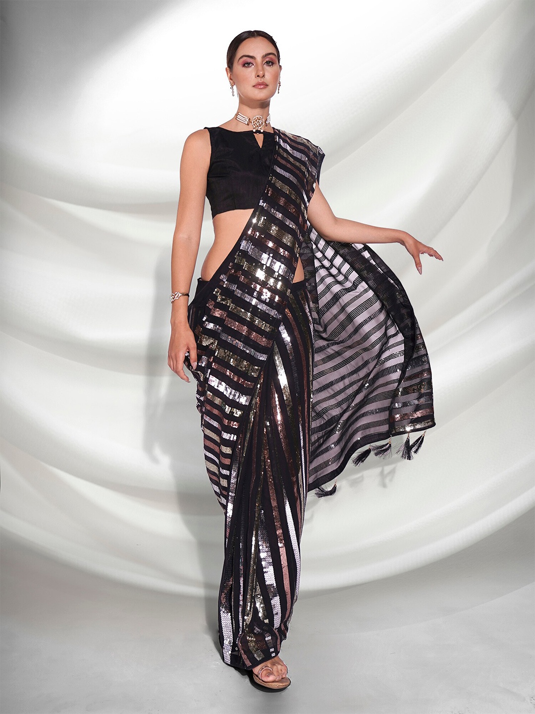 

Kalista Striped Embellished Sequinned Pure Georgette Saree, Black