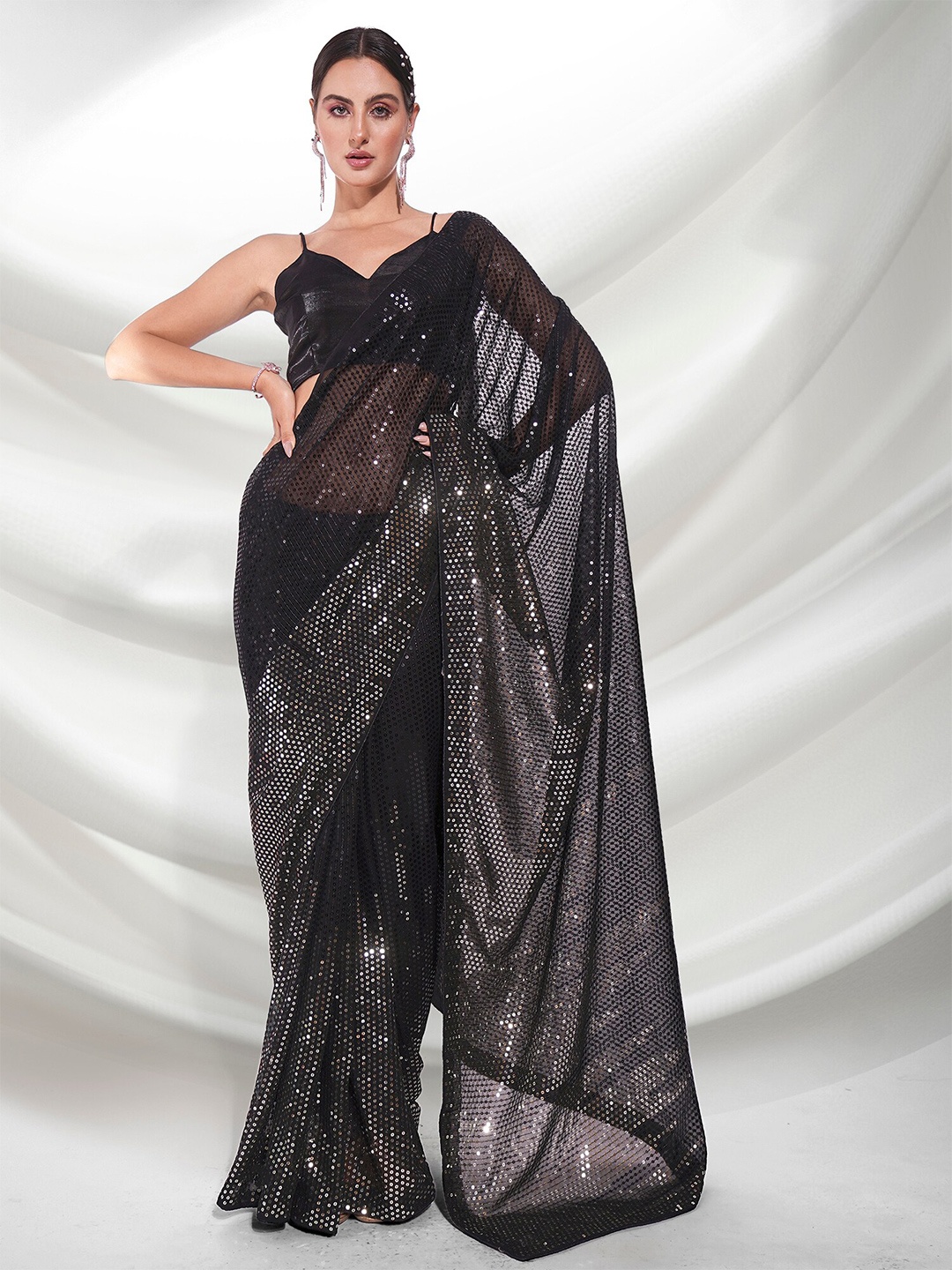 

Kalista Embellished Sequinned Pure Georgette Saree, Black