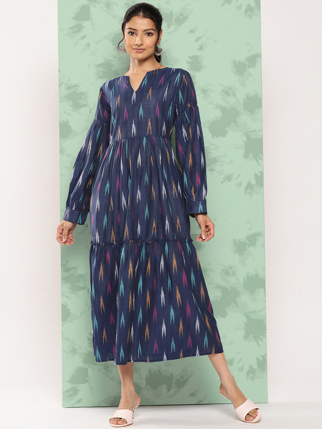 

Varanga Blue Ikat Print Cotton Tiered A-Line Midi Dress