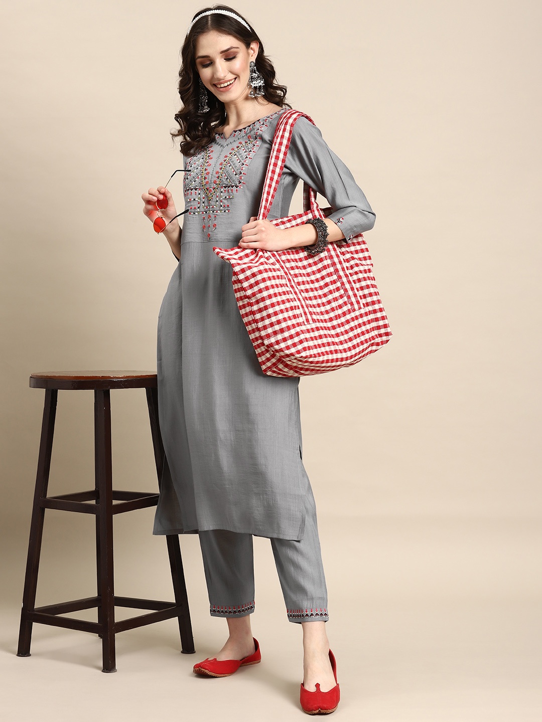 

Sangria Women Yoke Design Embroidered Kurta with Trousers, Grey