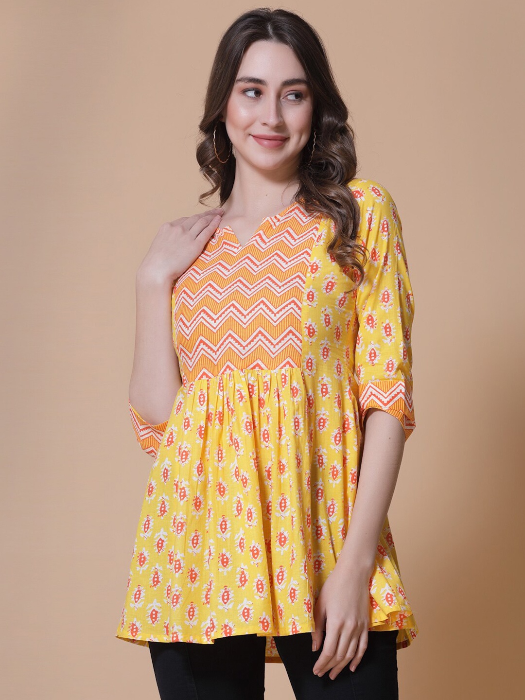 

God Bless Ethnic Motifs Printed Notched Neck Pleated Cotton A-Line Top, Mustard
