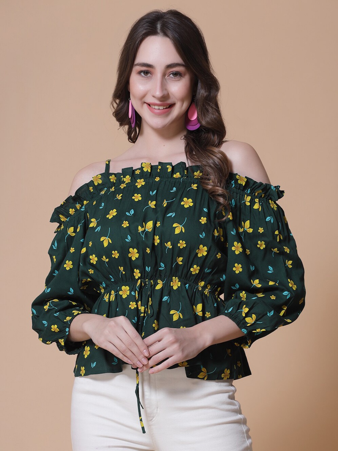 

God Bless Floral Printed Off-Shoulder Puff Sleeve Bardot Crop Top, Green