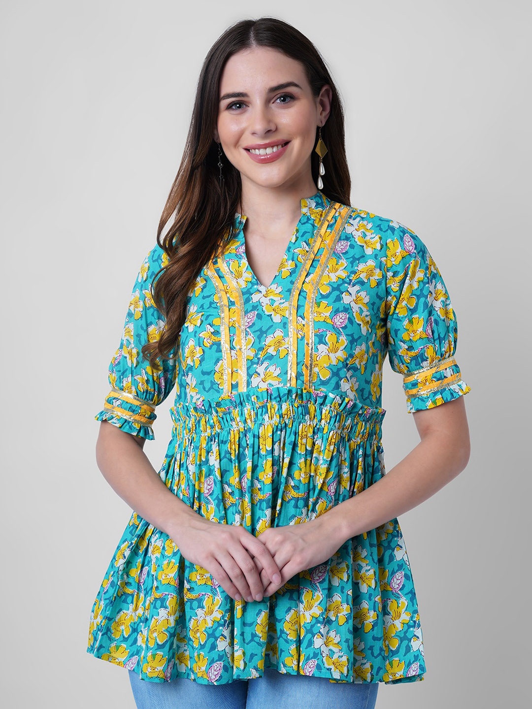 

God Bless Floral Printed Mandarin Collar Pleated Ruffles Cotton A-Line Top, Turquoise blue