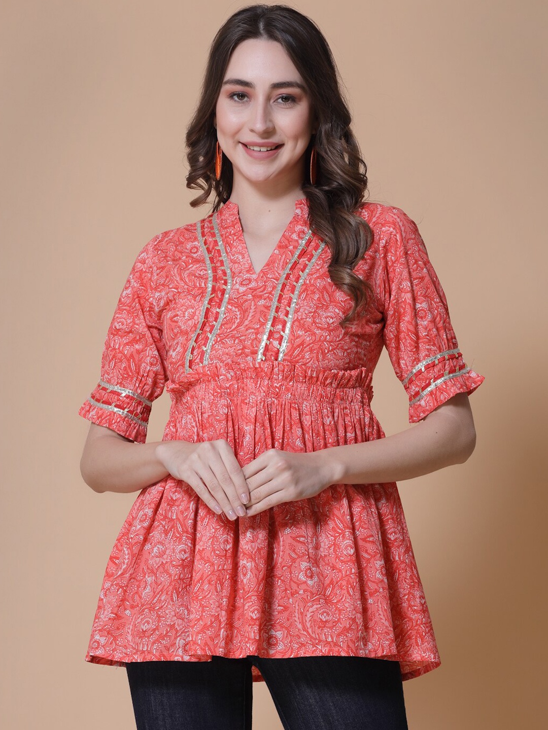 

God Bless Floral Printed Mandarin Collar Pleated Ruffles Cotton A-Line Top, Peach