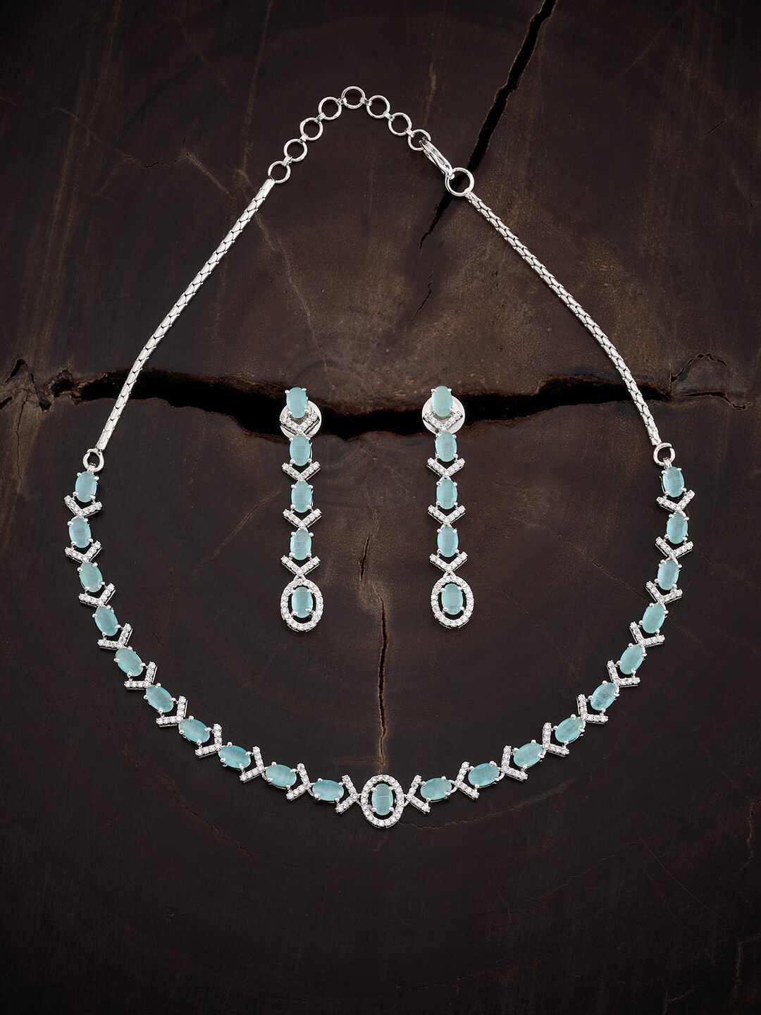 

Kushal's Fashion Jewellery Rhodium-Plated Sea Green CZ Studded Necklace Set, Copper