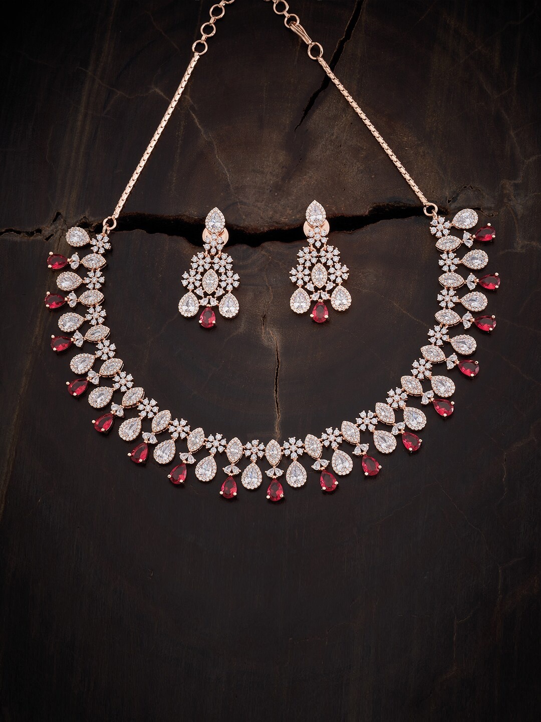 

Kushal's Fashion Jewellery Rose Gold-Plated Red CZ Studded Necklace Set