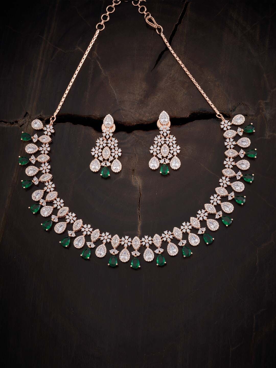 

Kushal's Fashion Jewellery Rose Gold-Plated Green CZ Studded Neckalace Set