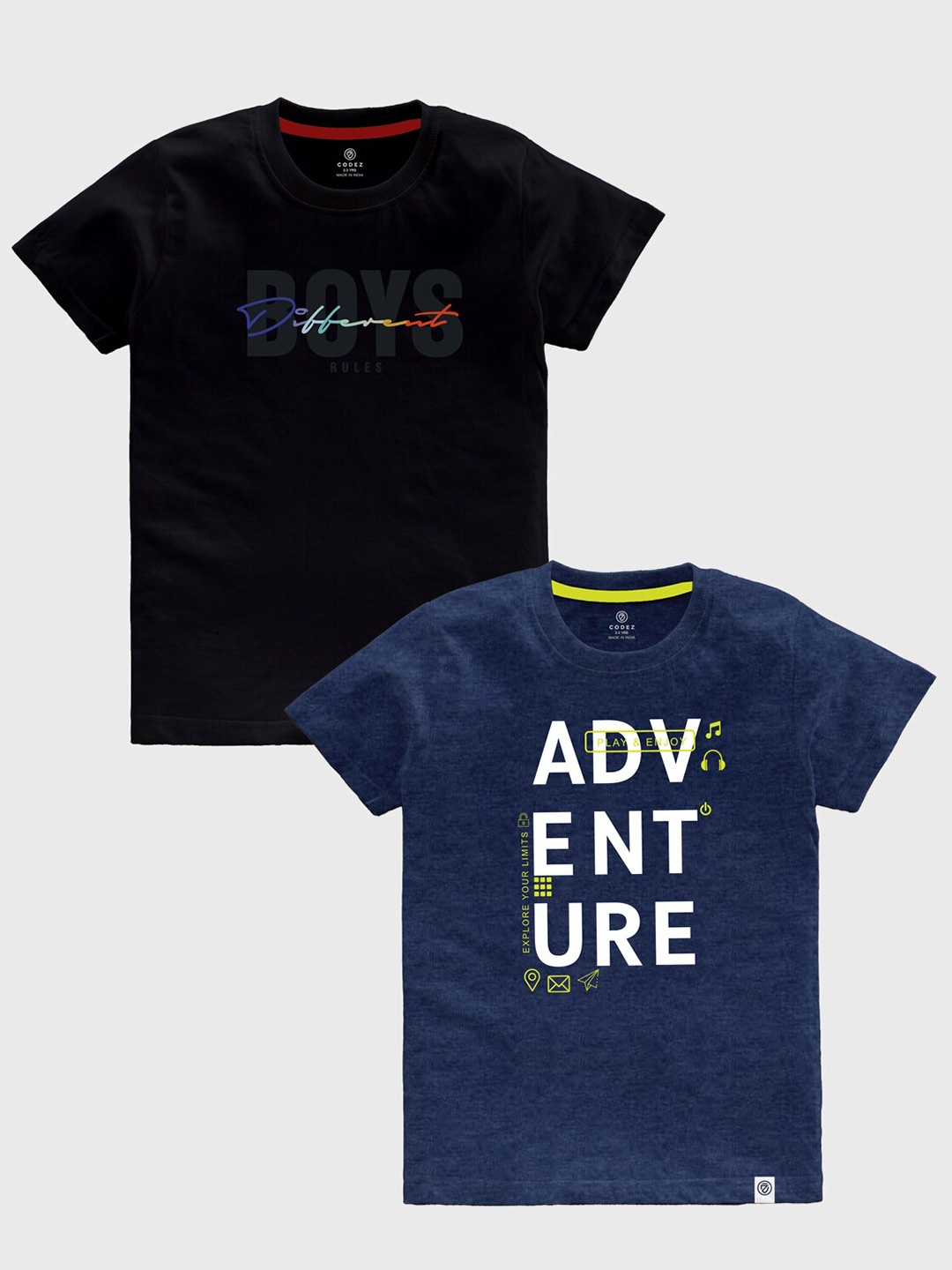 

CODEZ Boys Pack Of 2 Typography Printed Pure Coton T-shirt, Black