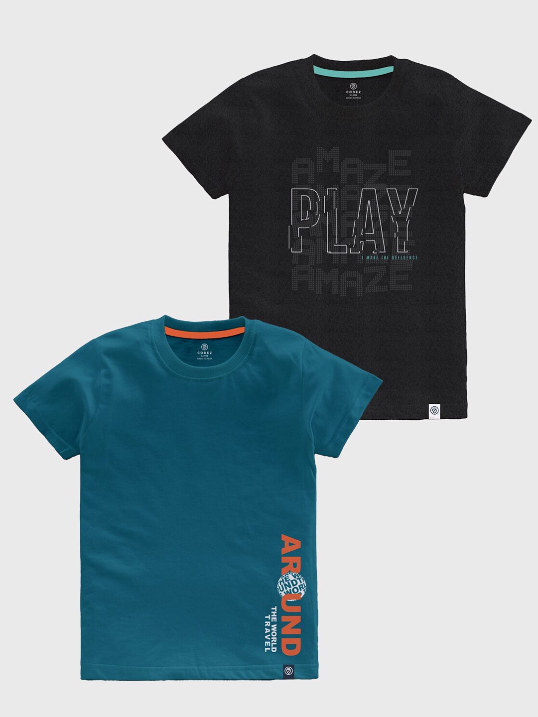

CODEZ Boys Pack Of 2 Typography Printed Pure Coton T-shirt, Charcoal