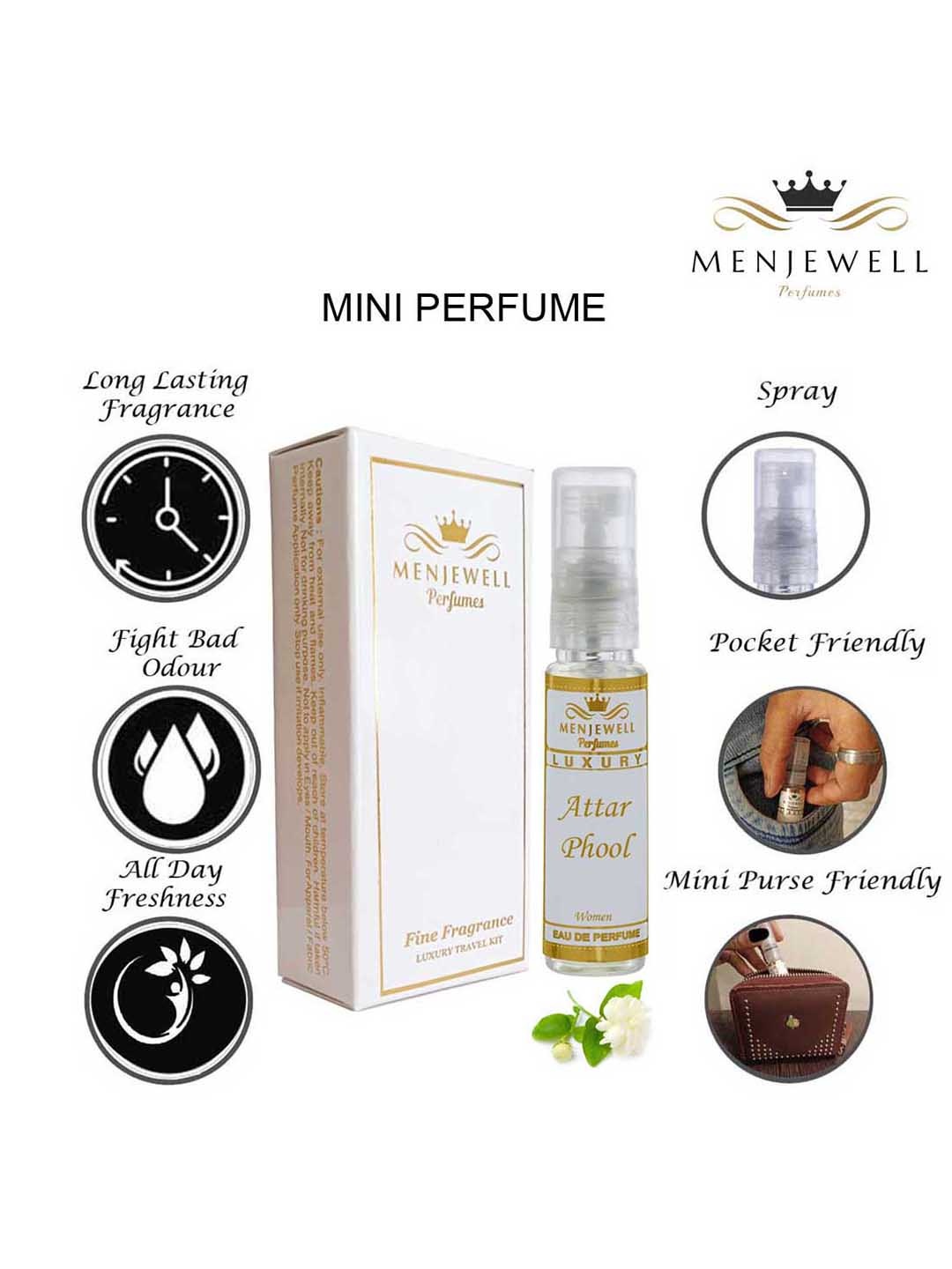 

Menjewell Women Attar Phool Long-Lasting Mini Eau de Parfum - 10ml, White