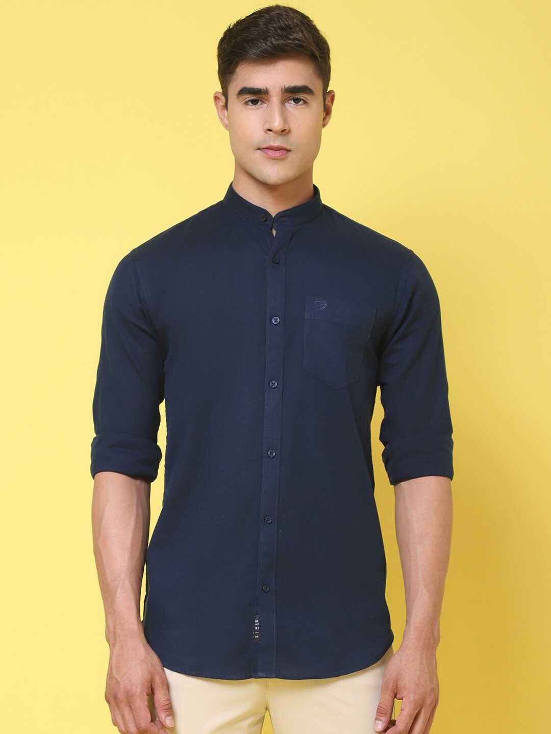 

Rodamo Slim Fit Mandarin Collar Cotton Casual Shirt, Navy blue