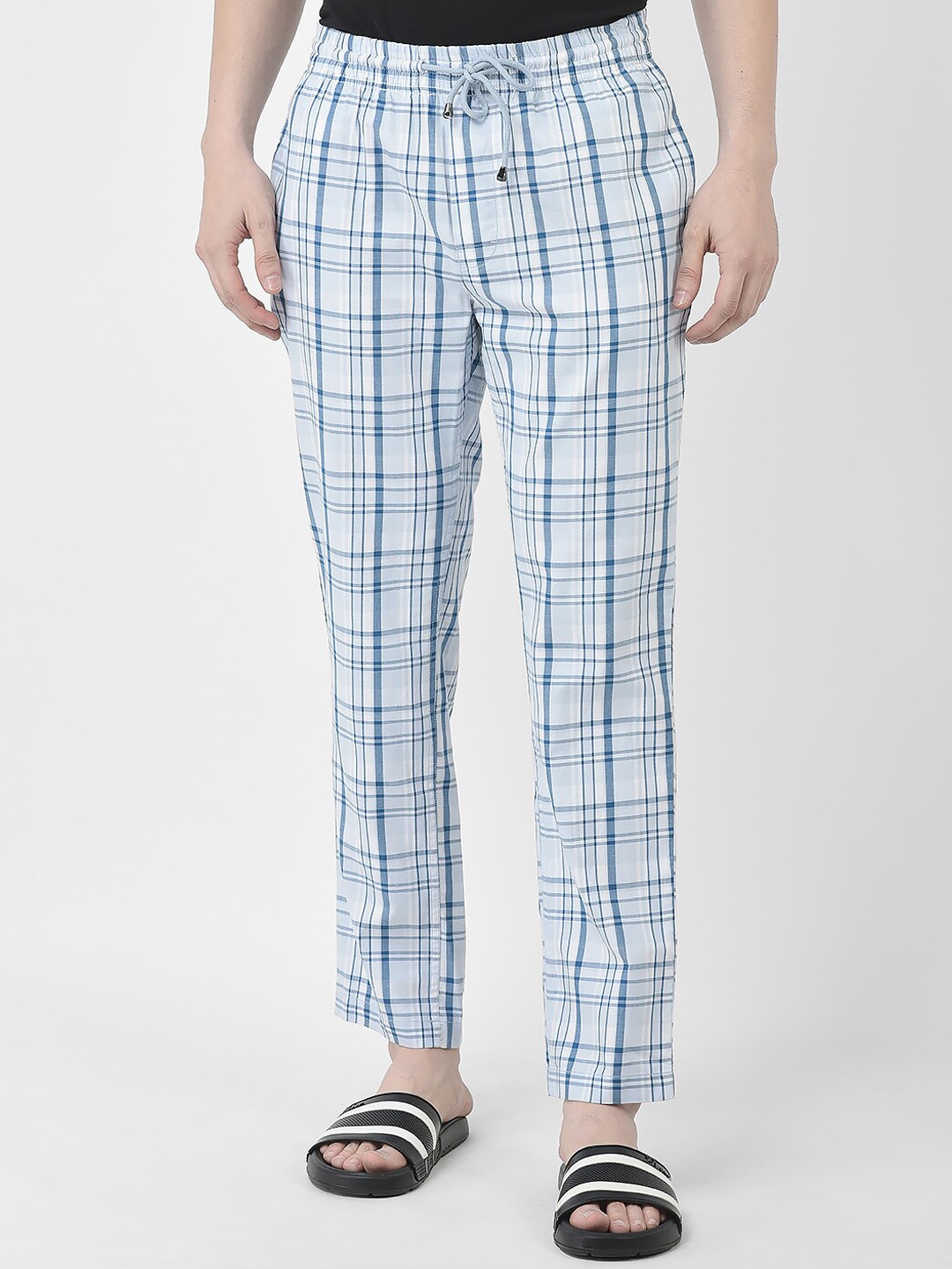

Crimsoune Club Men Checkered Pure Cotton Lounge Pants, Blue