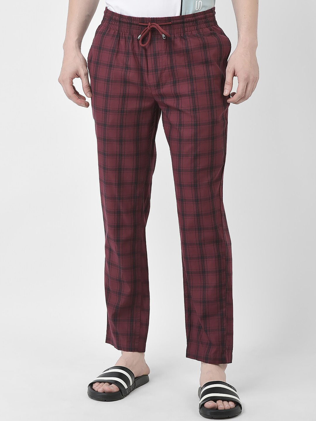 

Crimsoune Club Men Checked Pure-Cotton Lounge Pants, Maroon