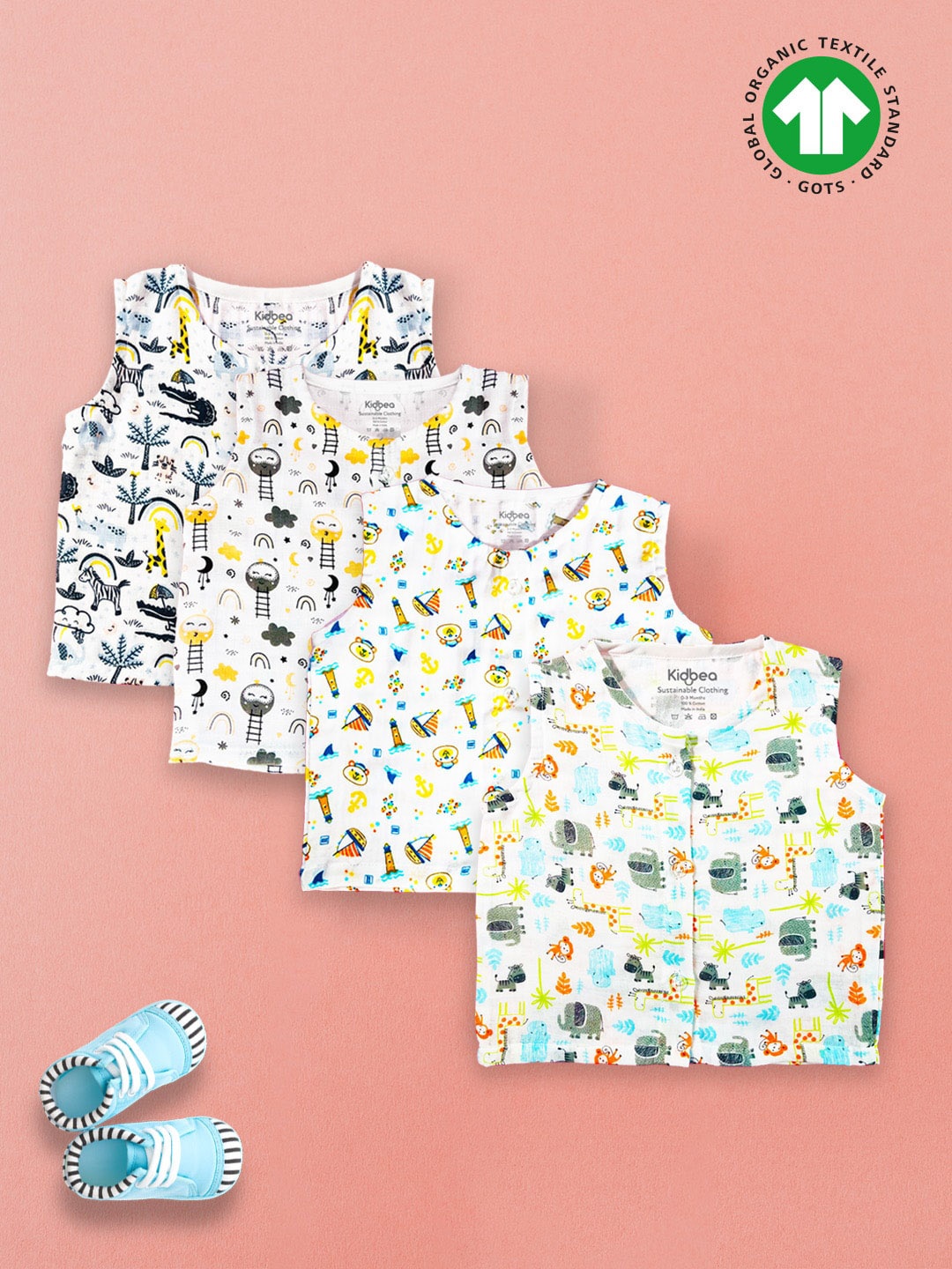 

Kidbea Unisex Pack Of 4 Printed Bamboo Jhablas, White