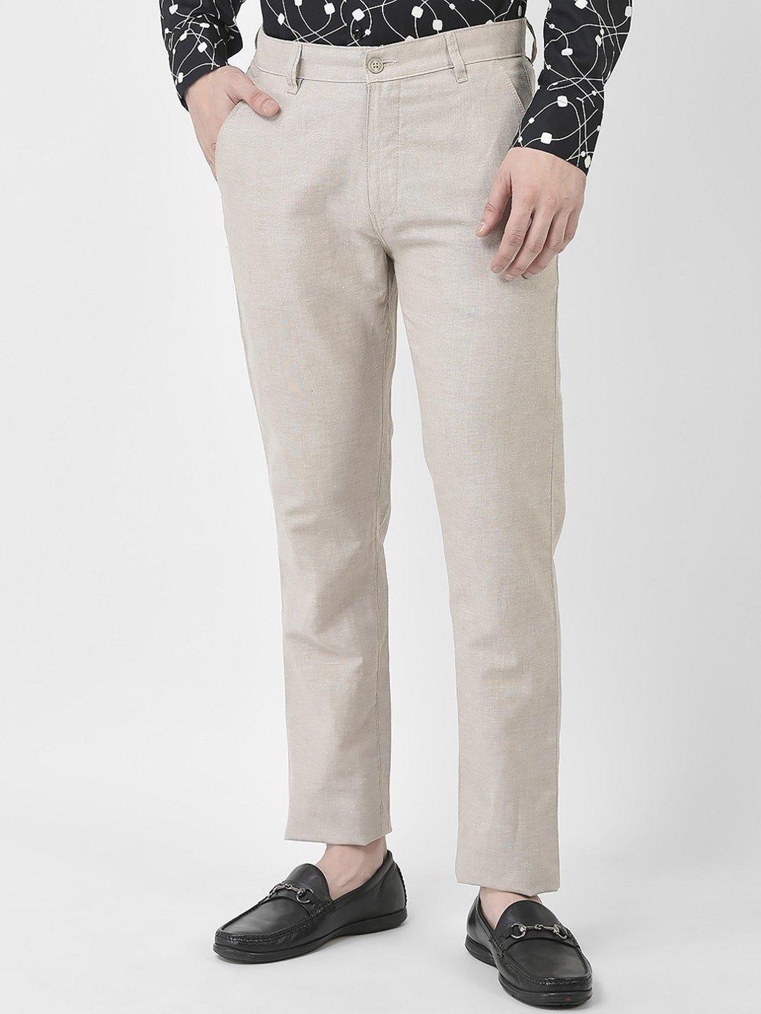 

Crimsoune Club Men Textured Slim Fit Pure Cotton Trousers, Brown