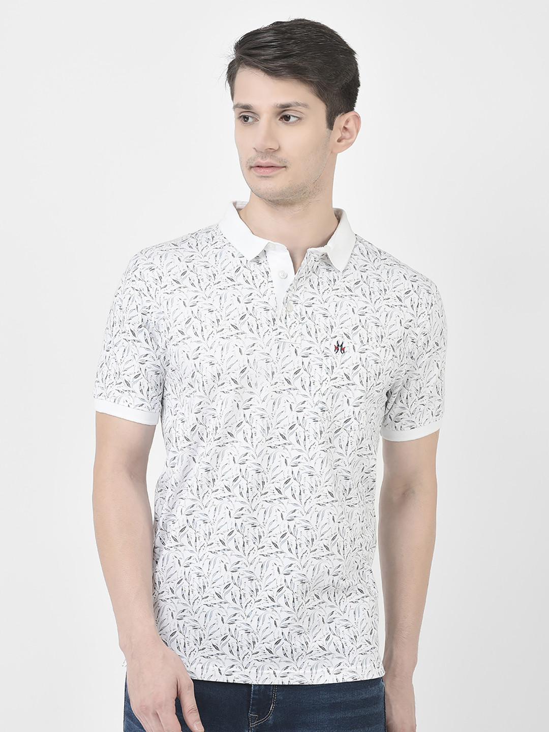 

Crimsoune Club Floral Printed Polo Collar Pure Cotton T-shirt, White