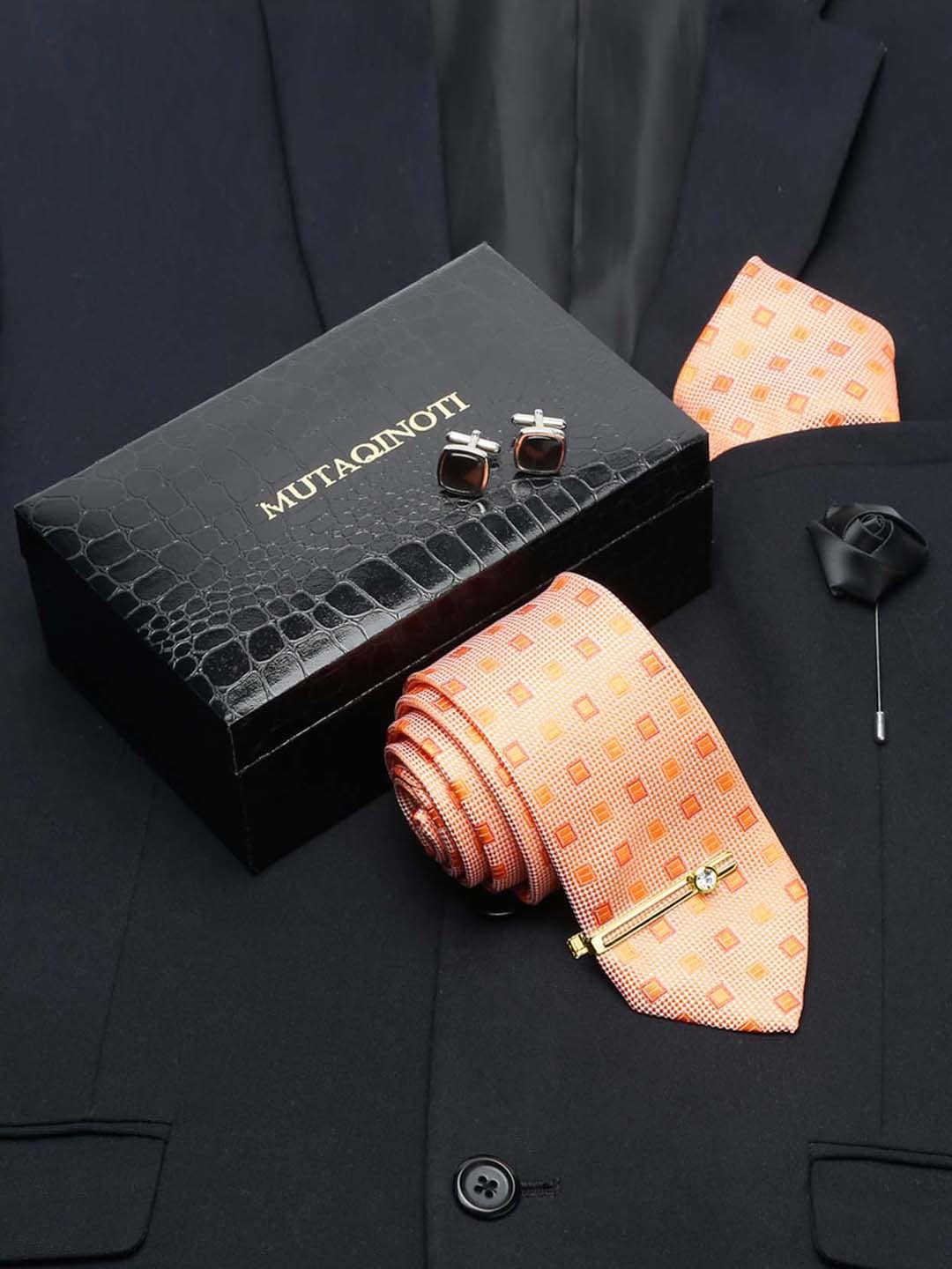 

MUTAQINOTI Men Silk Necktie Accessory Gift Set, Peach
