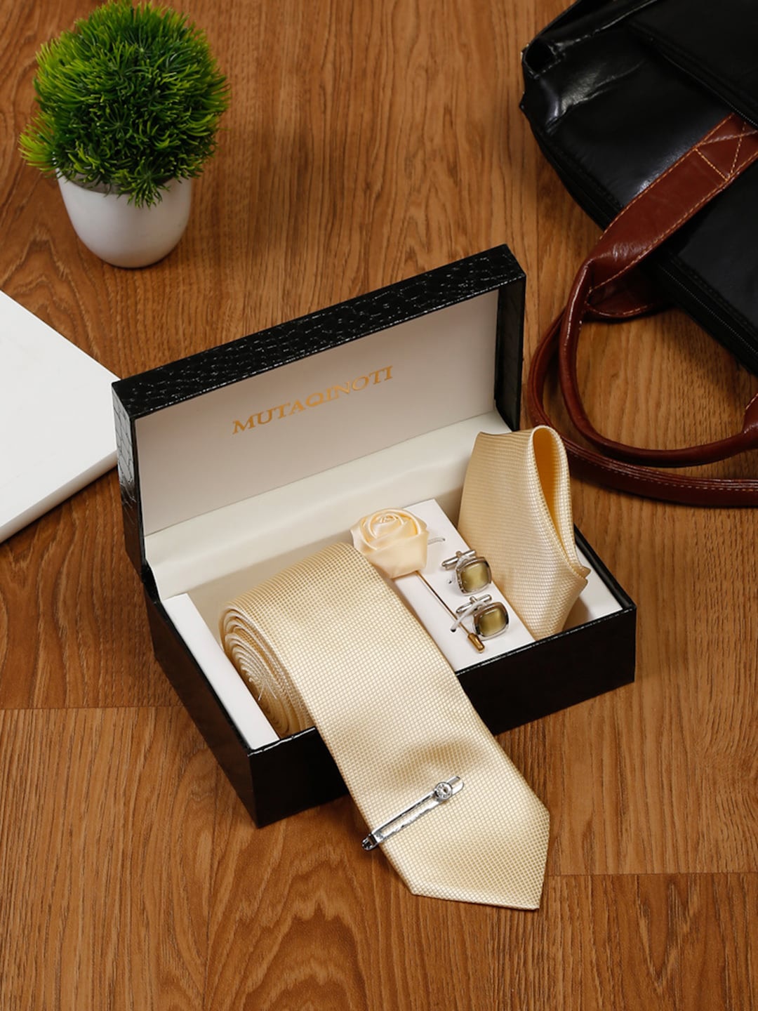 

MUTAQINOTI Men Tie Cufflinks Pocket Square & Brooch Accessories Gift Set, Cream