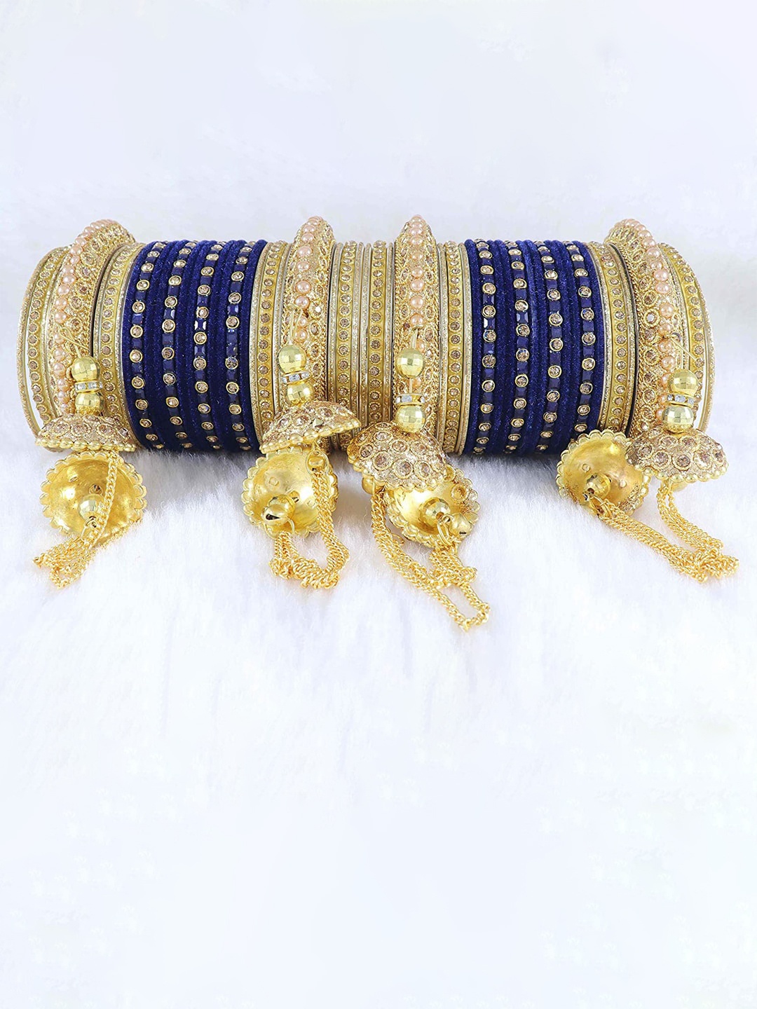 

NMII Set Of 52 Zircon Studded & Beaded Antique Metal Velvet Bangles, Gold