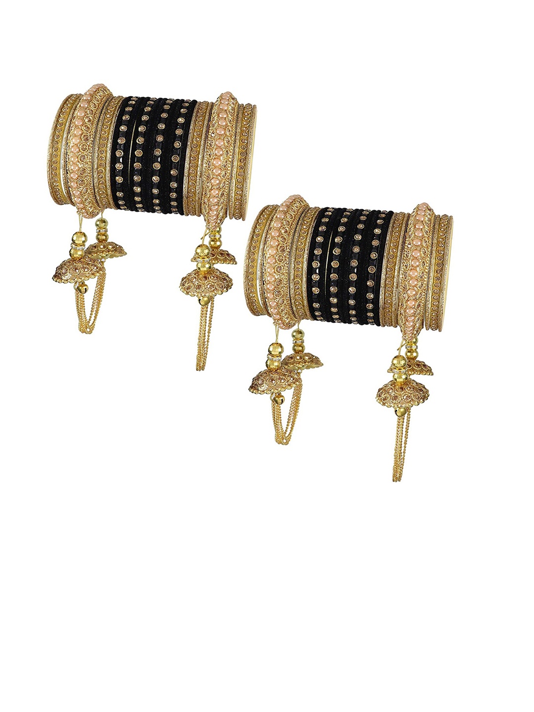 

NMII Set Of 52 Zircon-Studded Velvet Finished & Latkan Metal Bangles, Black
