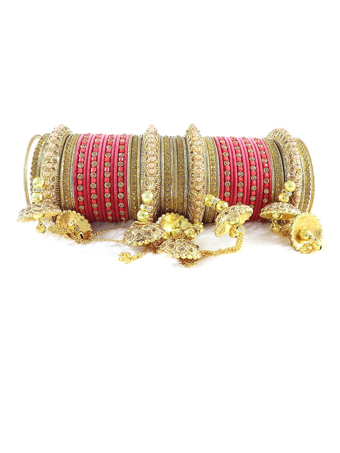 

NMII Set Of 52 Zircon Studded & Beaded Antique Latkan Chuda Velvet Bangles, Gold