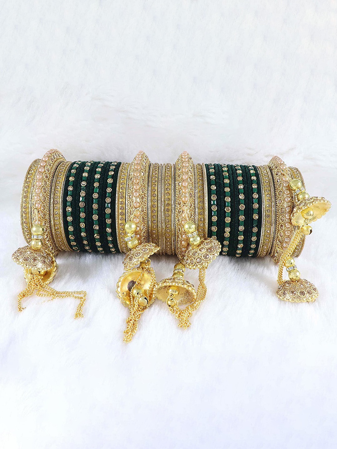 

NMII Set Of 52 Zircon Studded & Beaded Antique Velvet Kada Bangles, Gold