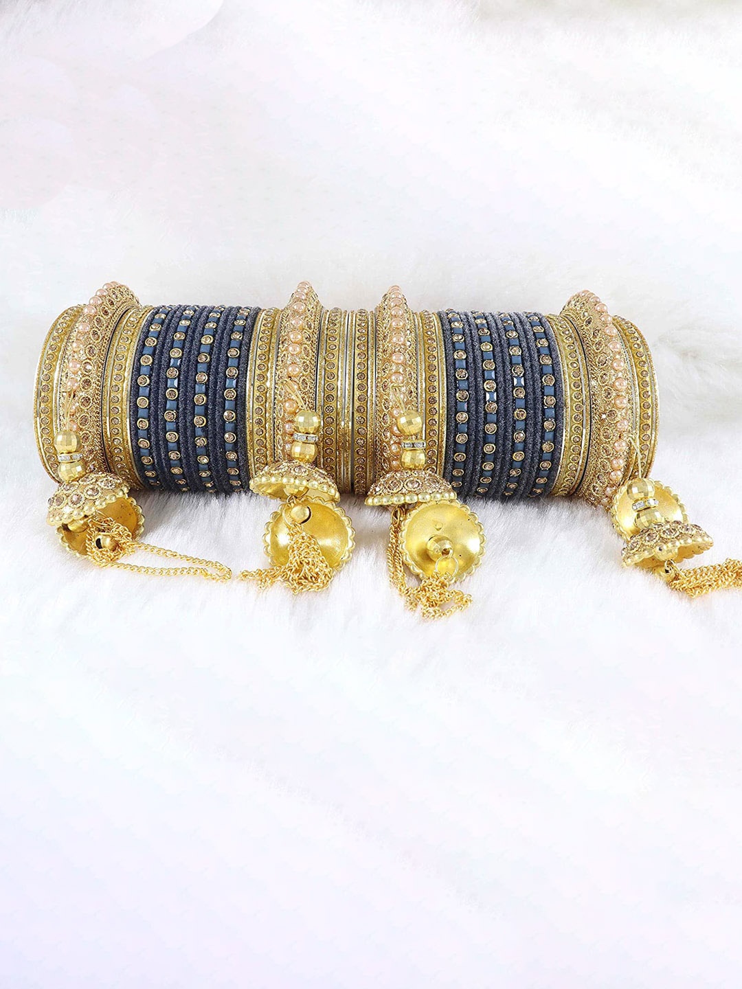 

NMII Set Of 52 Zircon Studded & Beaded Antique Latkan Chuda Bangles, Grey