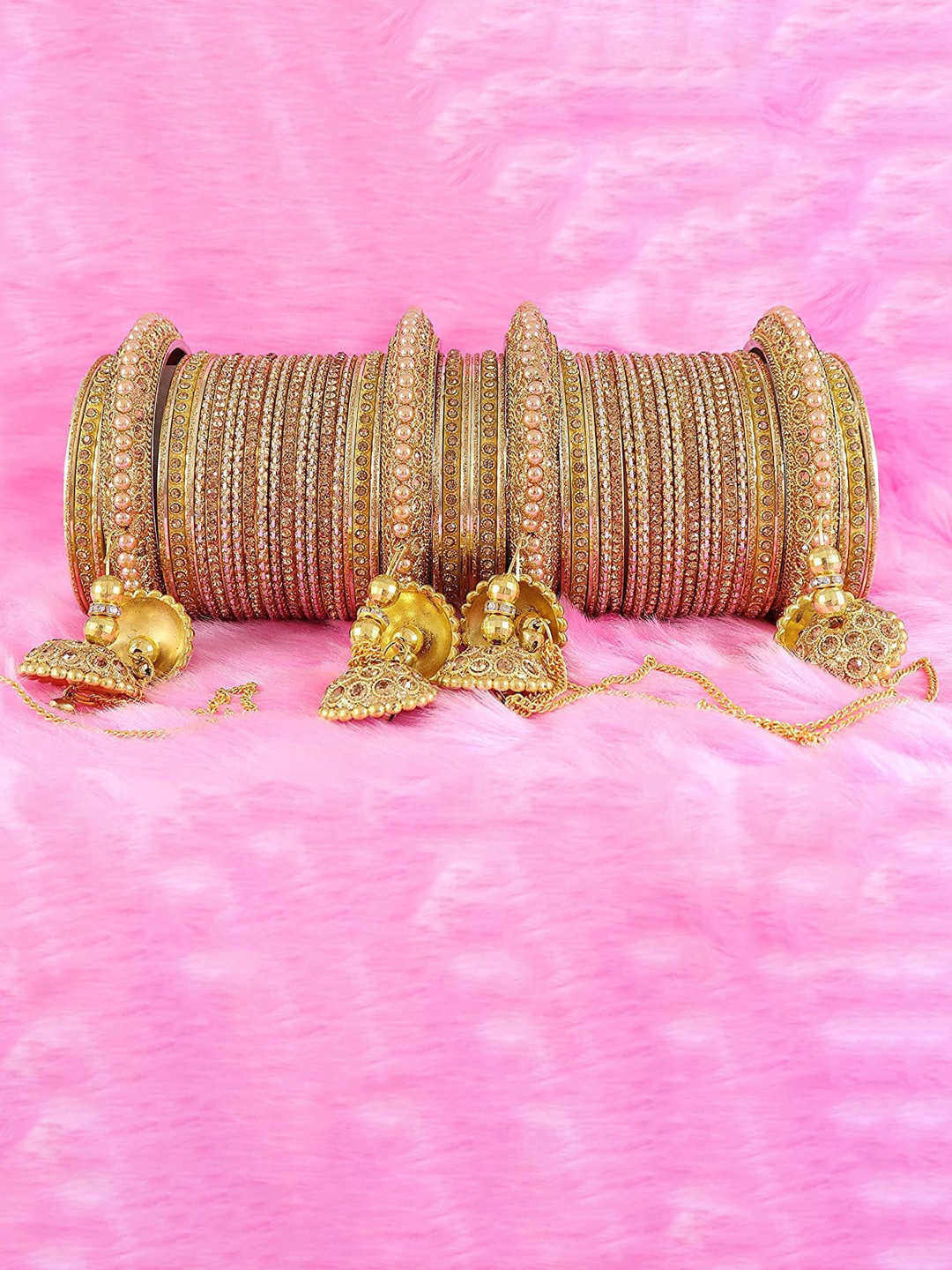 

NMII Set Of 52 Gold-Plated Crystal Studded Velvet Bangle With Latkan