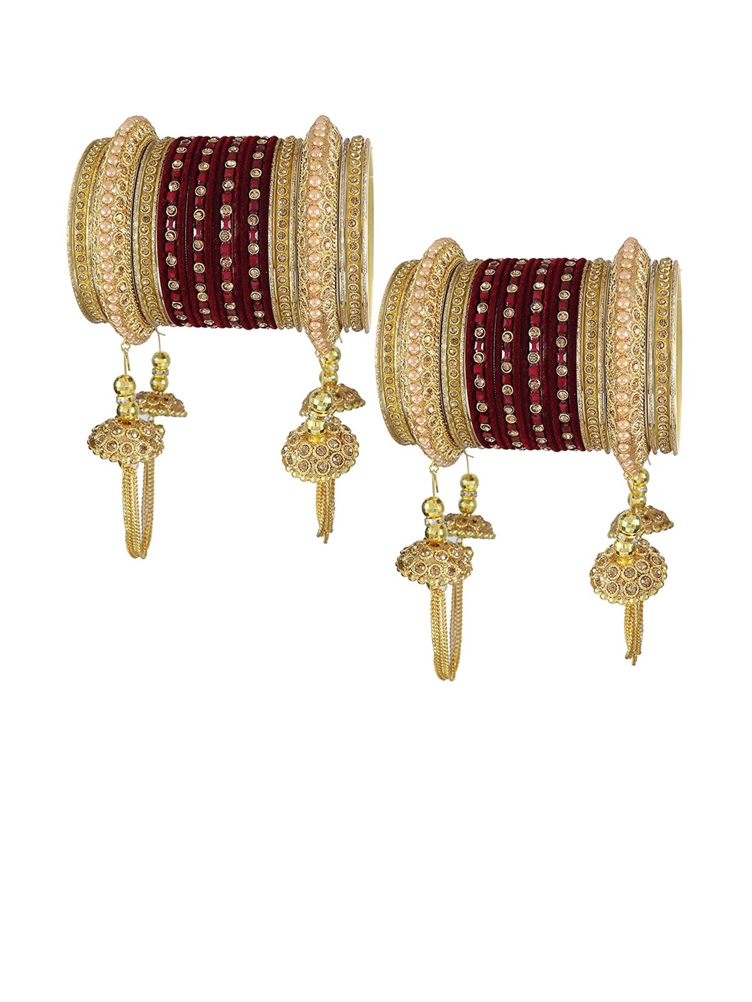 

NMII Set Of 52 Crystal Studded & Beaded Velvet Bangle With Latkan, Gold