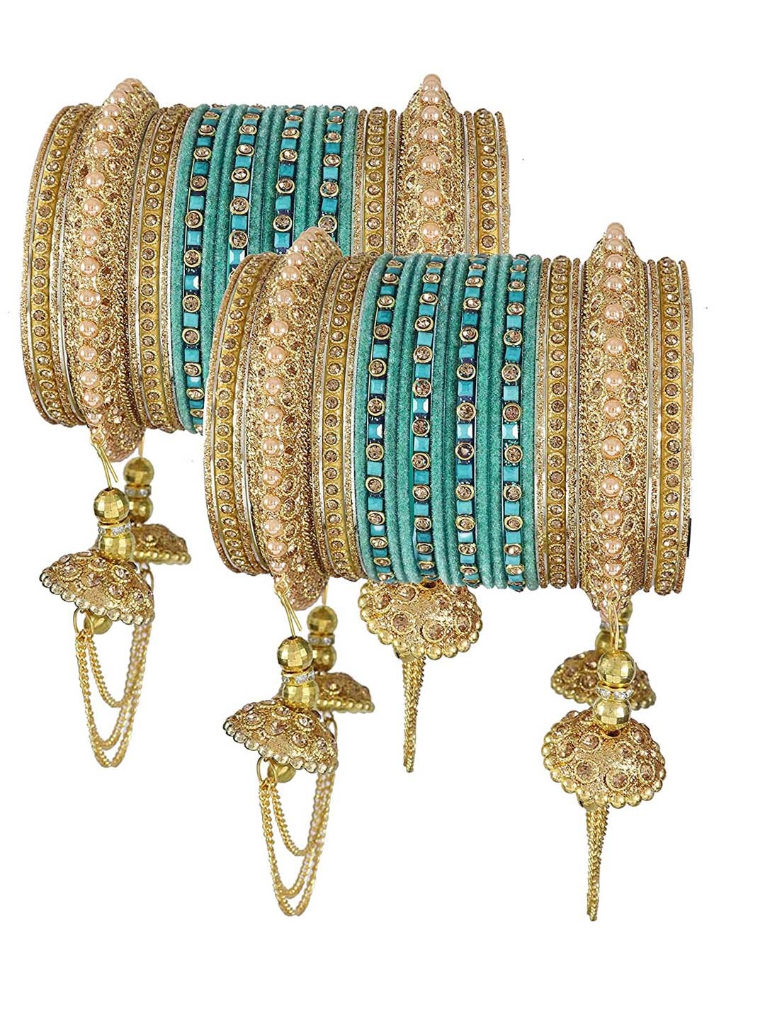 

NMII Set Of 52 Zircon Studded & Beaded Antique Latkan Chuda Bangles, Teal