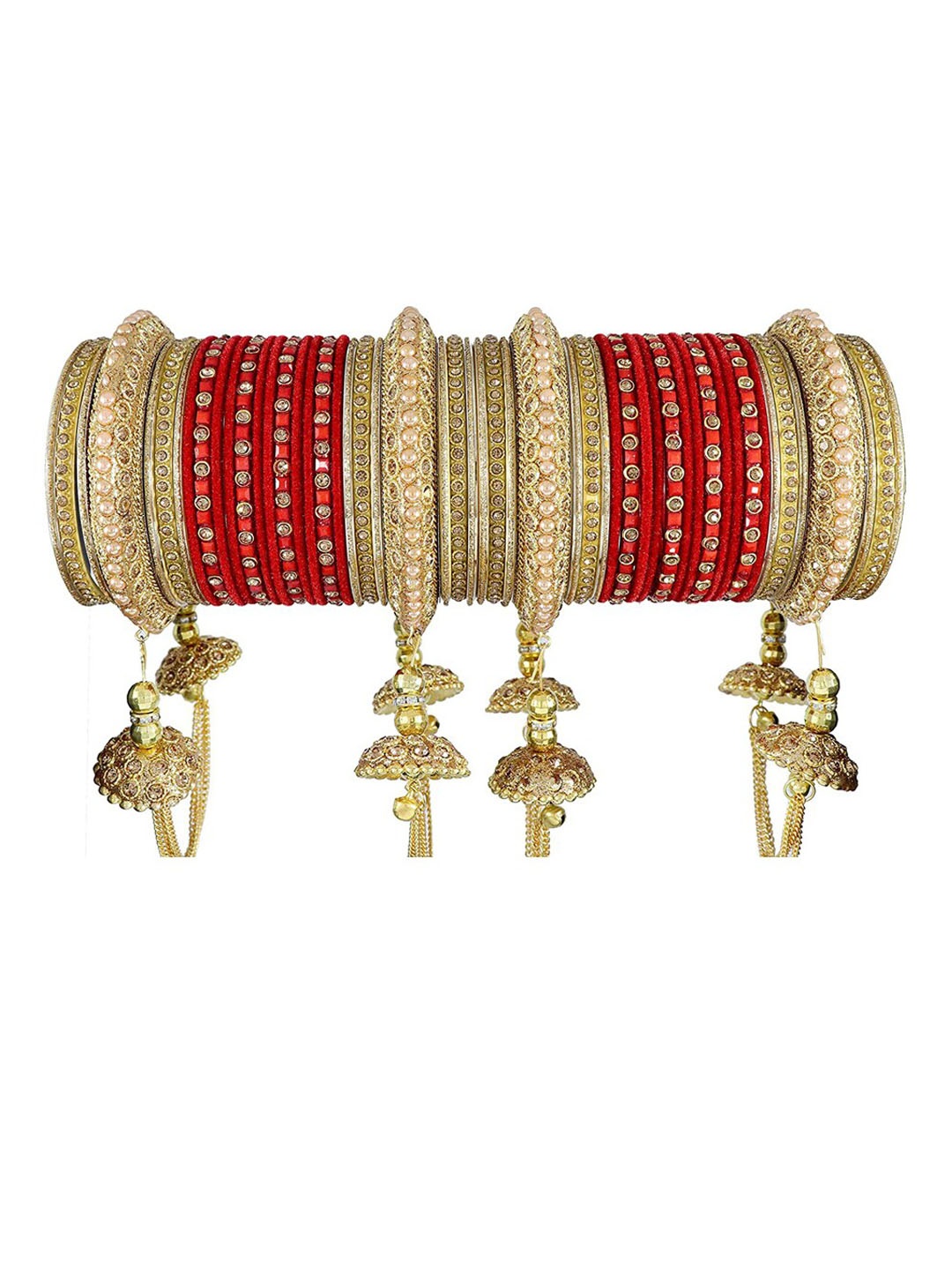 

NMII Set Of 52 Zircon Studded & Beaded Antique Latkan Chuda Velvet Bangles, Red