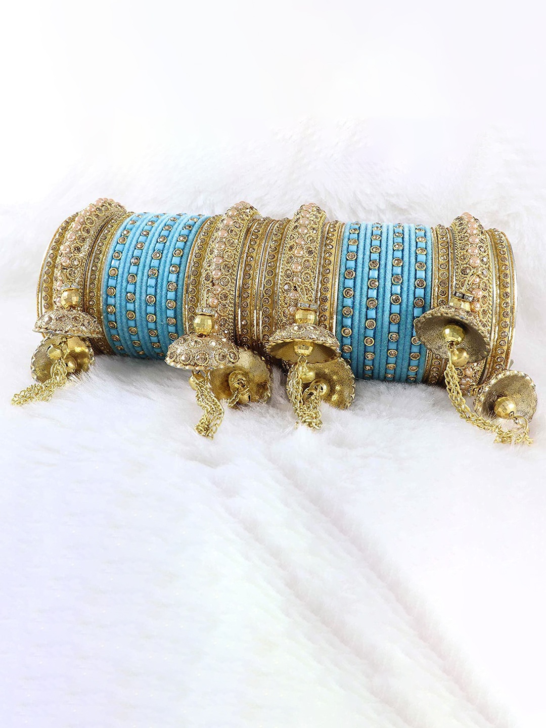 

NMII Set Of 52 Zircon Studded & Beaded Antique Latkan Chuda Velvet Bangles, Blue