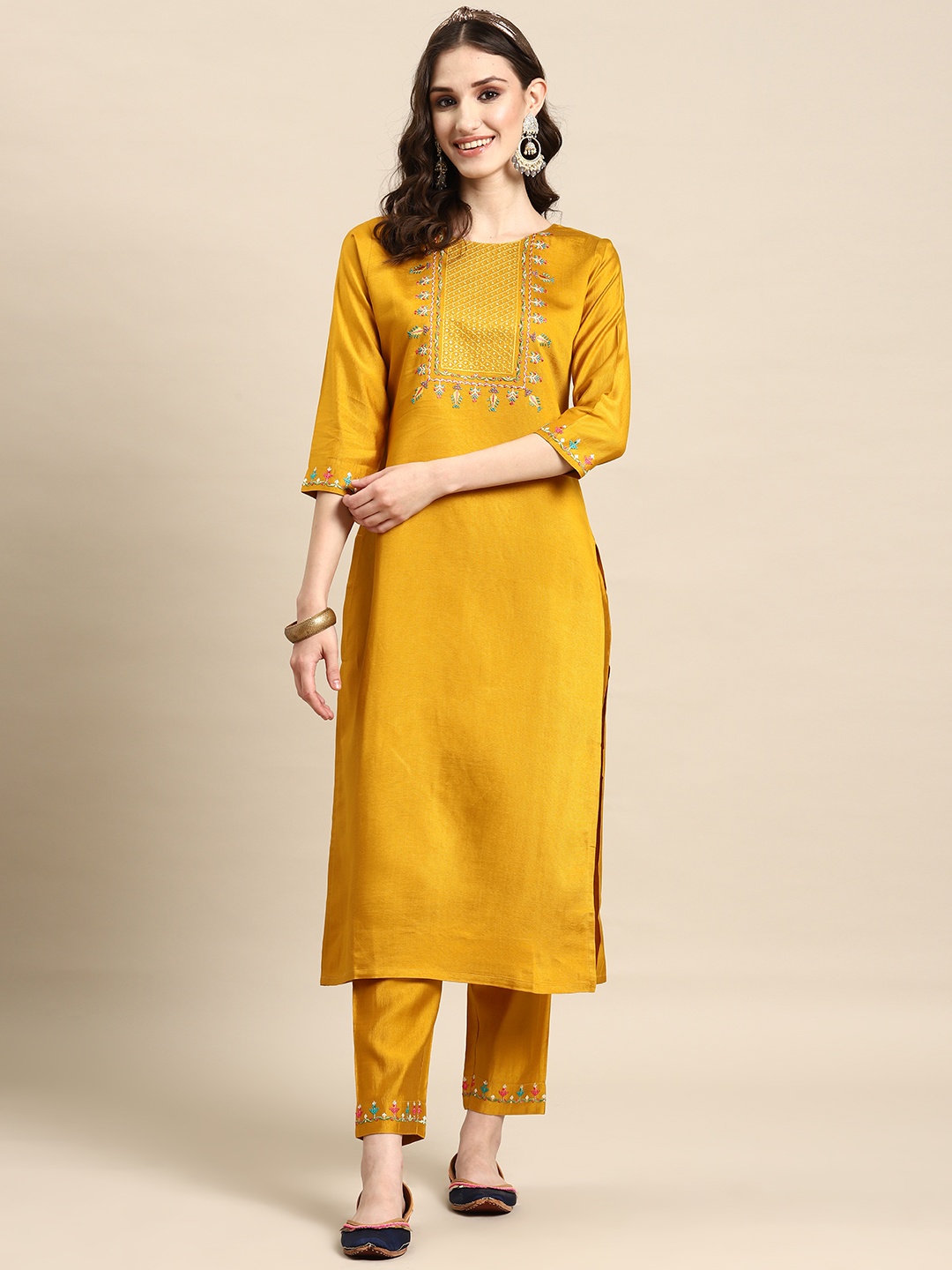 

Sangria Women Floral Embroidered Regular Sequinned Kurta with Trousers, Yellow