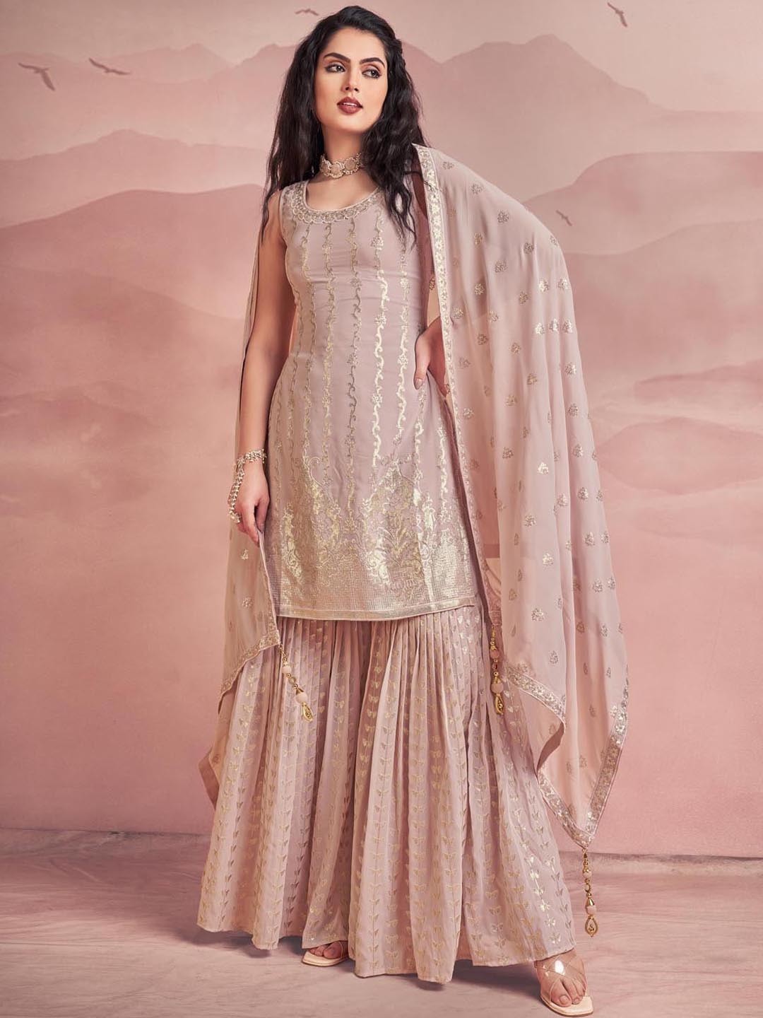 

Fusionic Floral Embroidered Sequined Georgette Kurti with Sharara & Dupatta, Peach