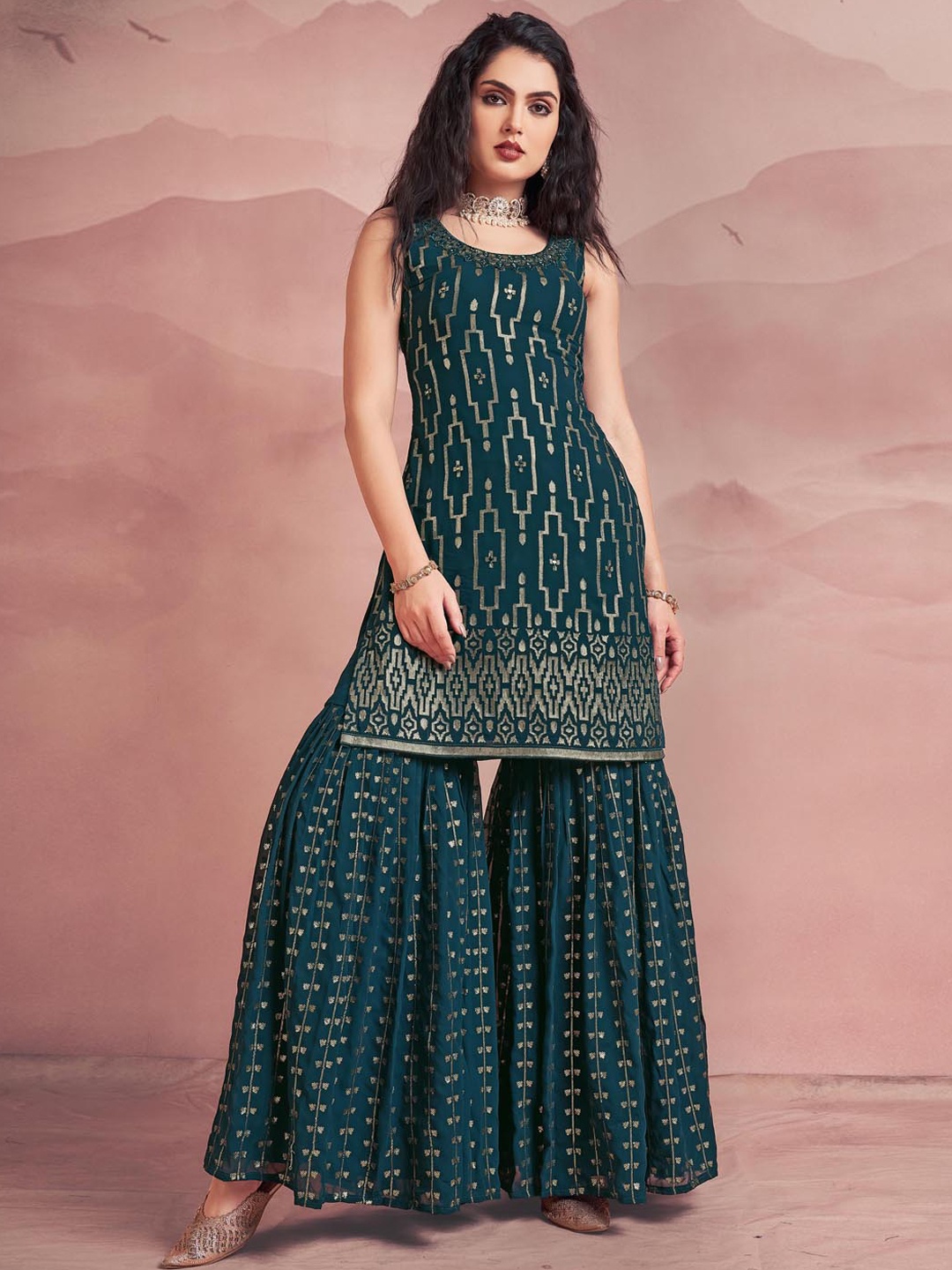 

Fusionic Ethnic Motifs Embroidered Sequinned Mirror Work Kurti with Sharara & Dupatta, Teal